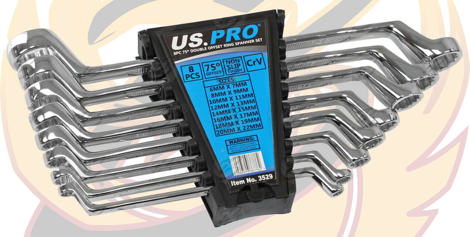 US PRO 8PCS OFFSET DOUBLE RING 12 POINT SPANNER 6MM - 22MM