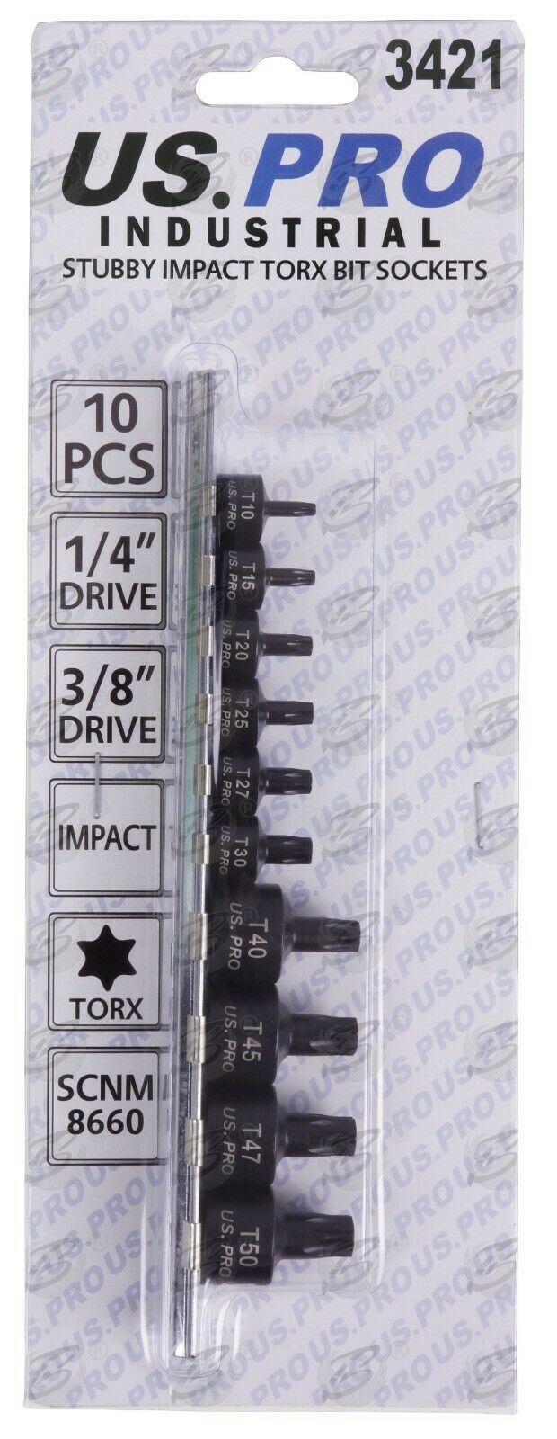 US PRO 10PCS 1/4" & 3/8" DRIVE STUBBY IMPACT TORX BIT SOCKETS T10 - T50