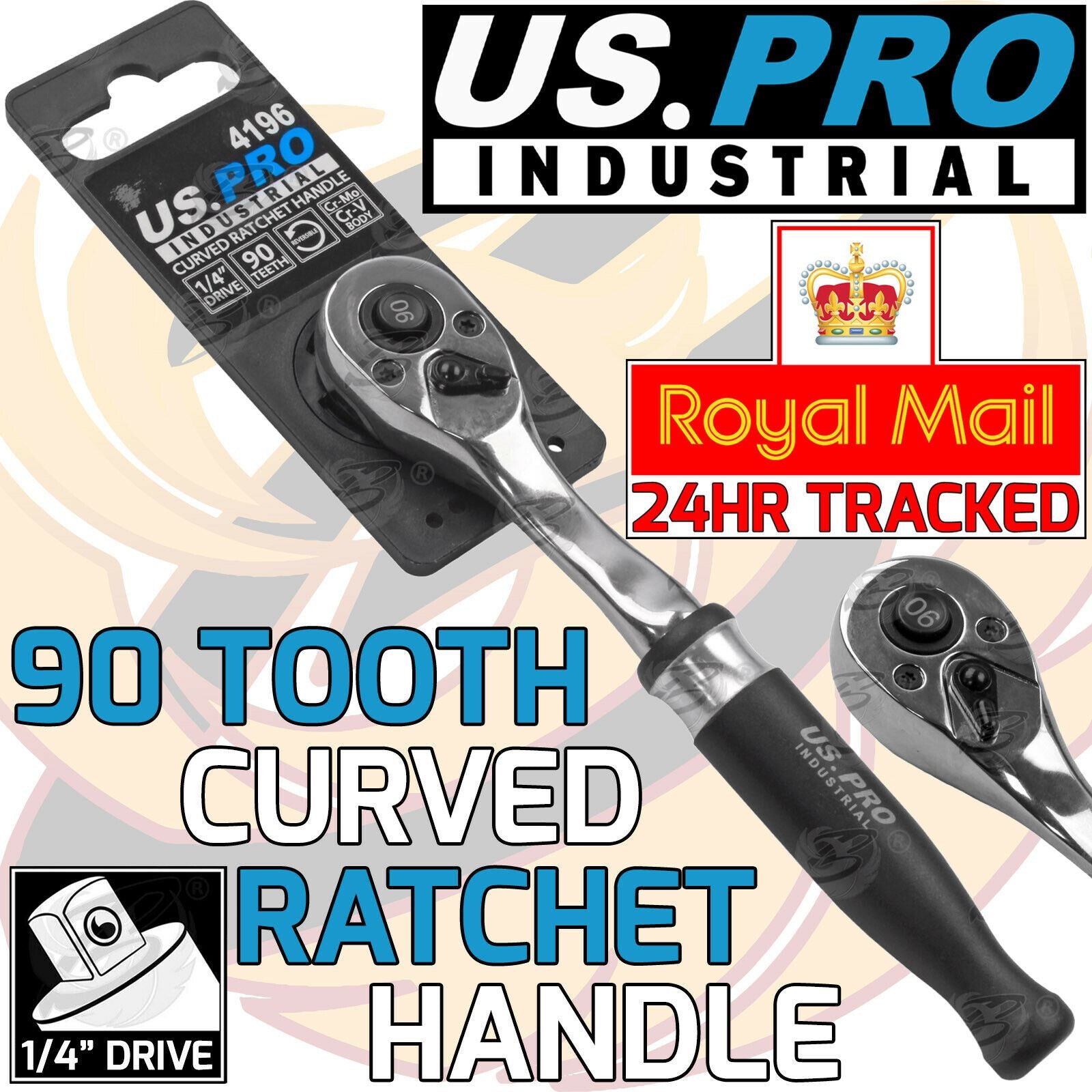 US PRO INDUSTRIAL 1/4" DRIVE 90 TOOTH CURVED RATCHET HANDLE