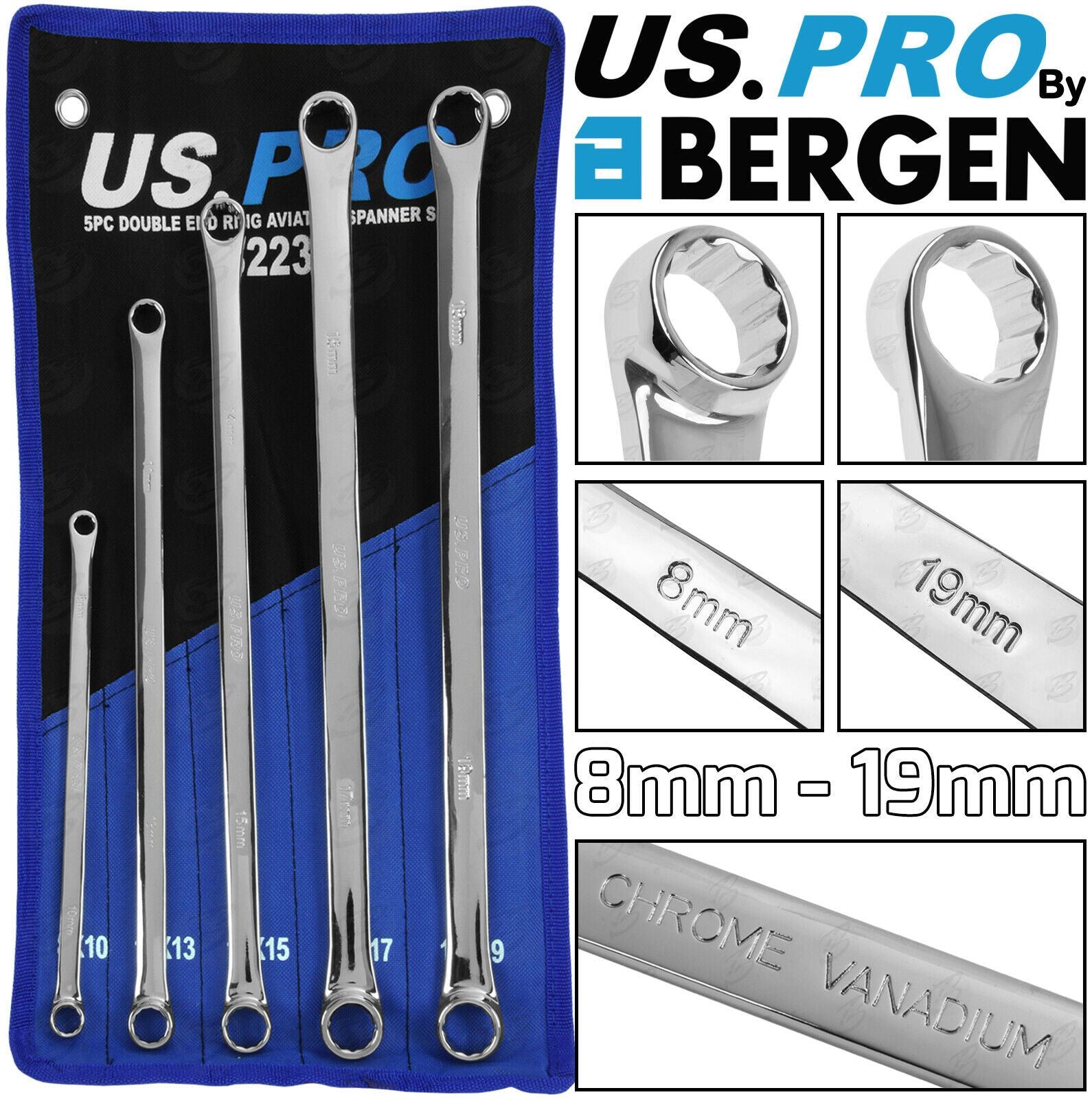 US PRO 5PCS EXTRA LONG AVIATION SPANNERS 8MM - 19MM