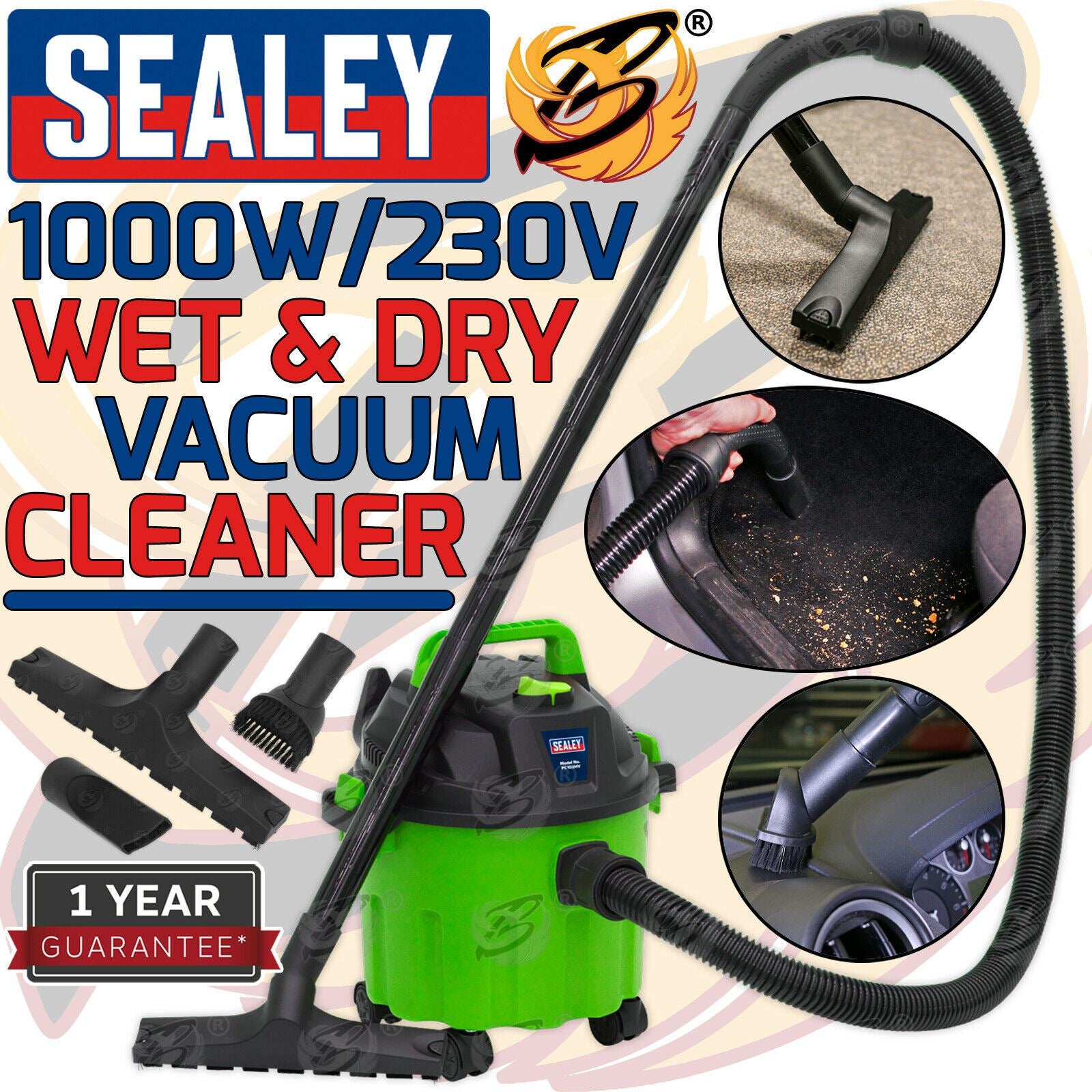 SEALEY WET AND DRY VACUUM CLEANER 10L 1000W / 240V WATER DIRT CARPET WASHER