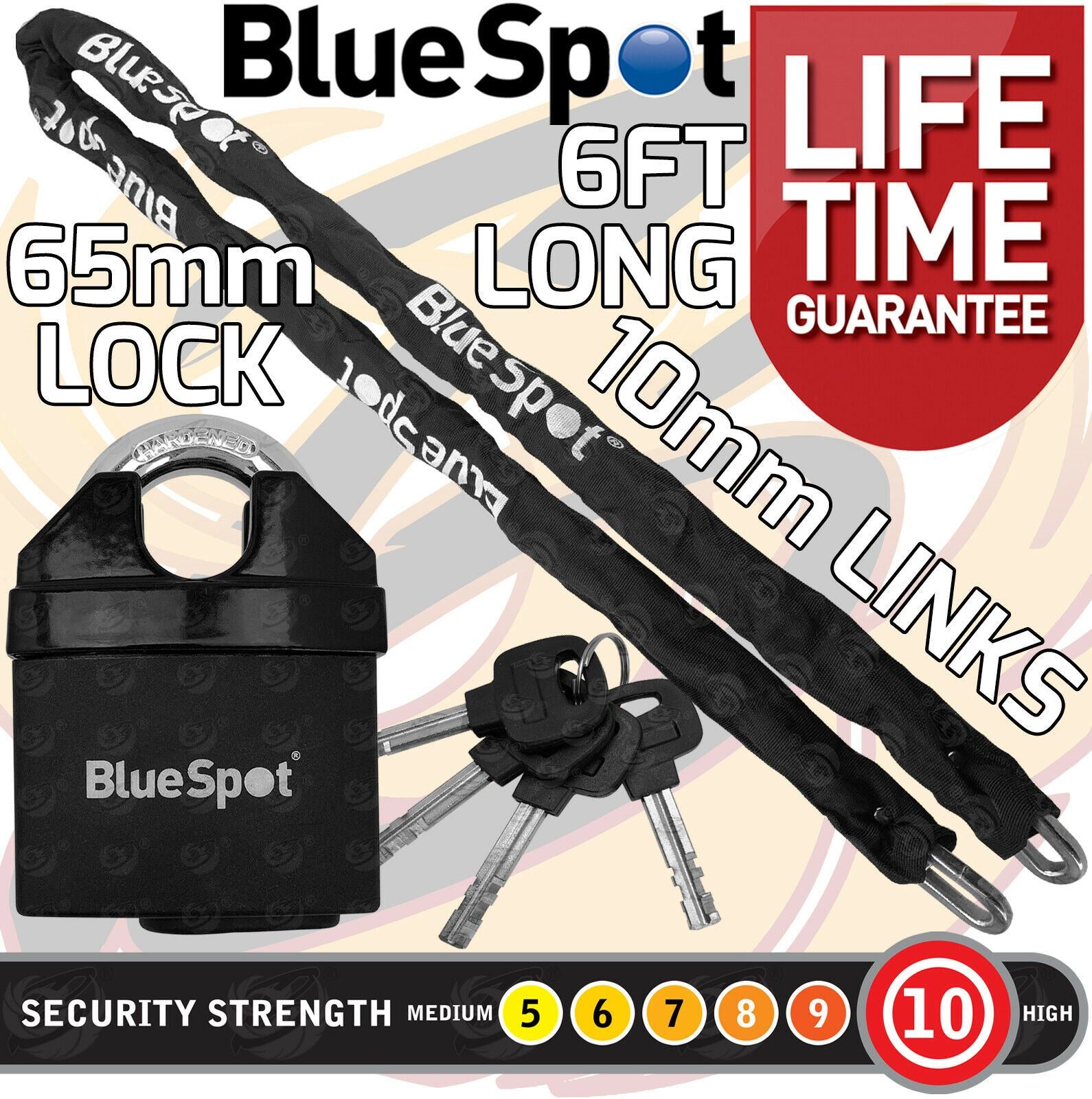 BLUESPOT 6FT LONG 10MM LINKS SECURITY CHAIN WITH 65MM HIGH SECURITY PADLOCK