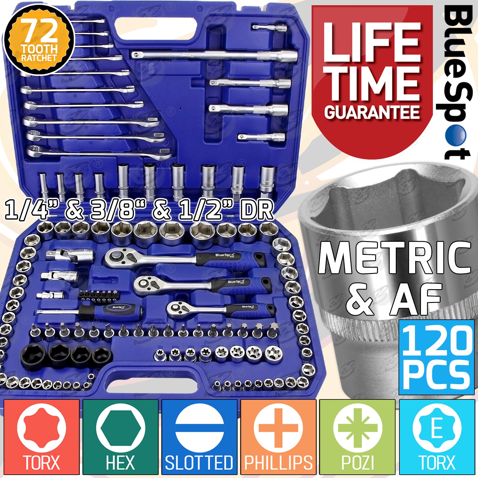 BLUESPOT 120PCS 1/4" & 3/8" & 1/2" DRIVE METRIC & SAE SOCKET & SPANNER SET ( 4MM - 32MM )