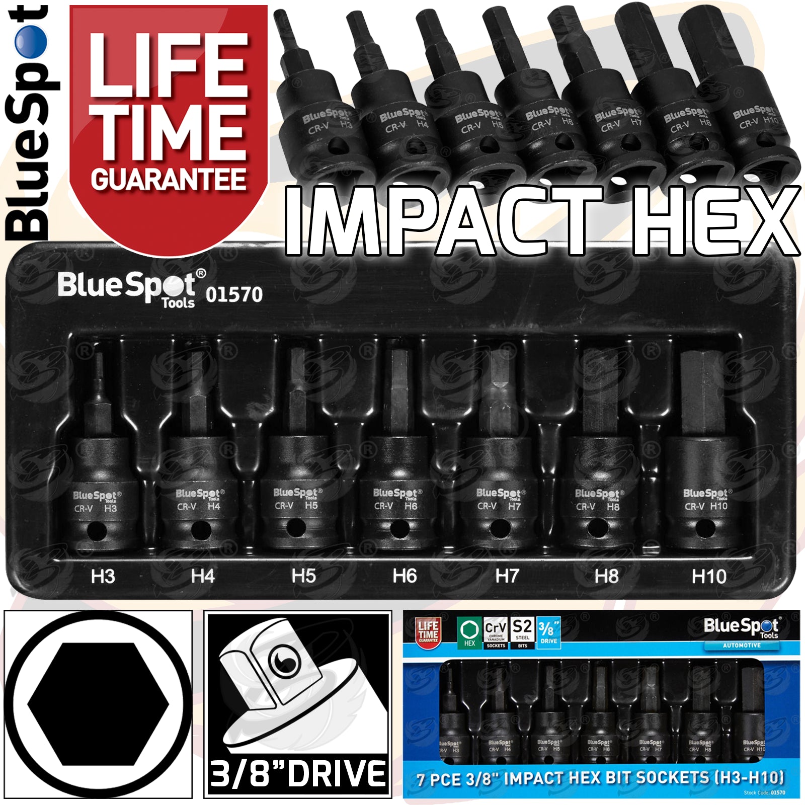BLUESPOT 9PCS 3/8" DRIVE IMPACT HEX BIT SOCKETS H3 - H10