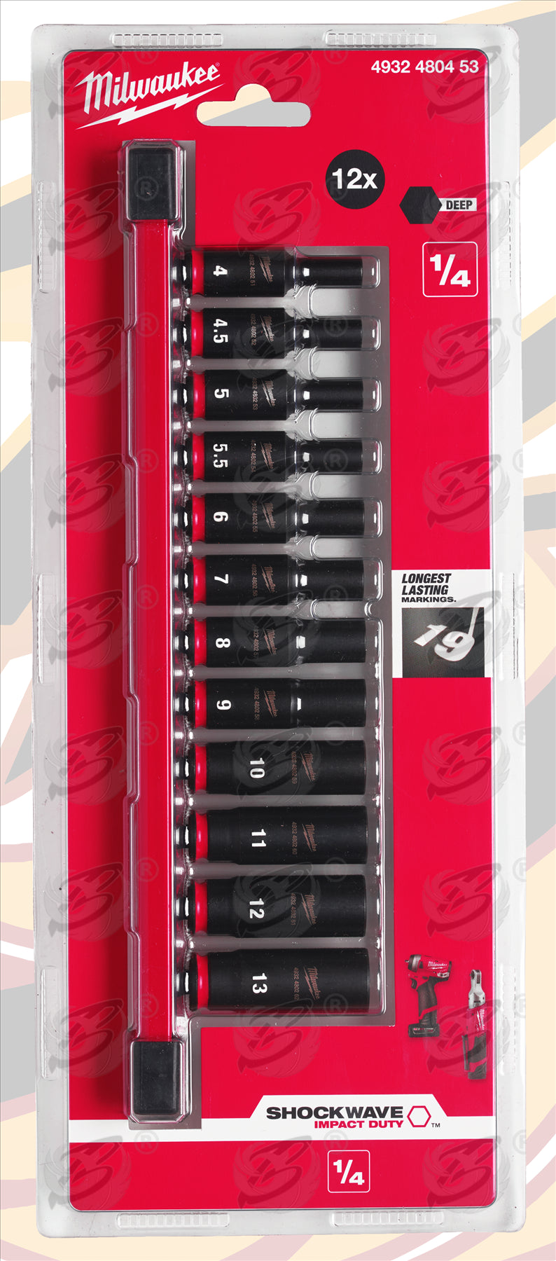 MILWAUKEE 12PCS 1/4" DRIVE 6 POINT DEEP IMPACT SOCKETS 4MM - 13MM ( SHOCKWAVE IMPACT DUTY )