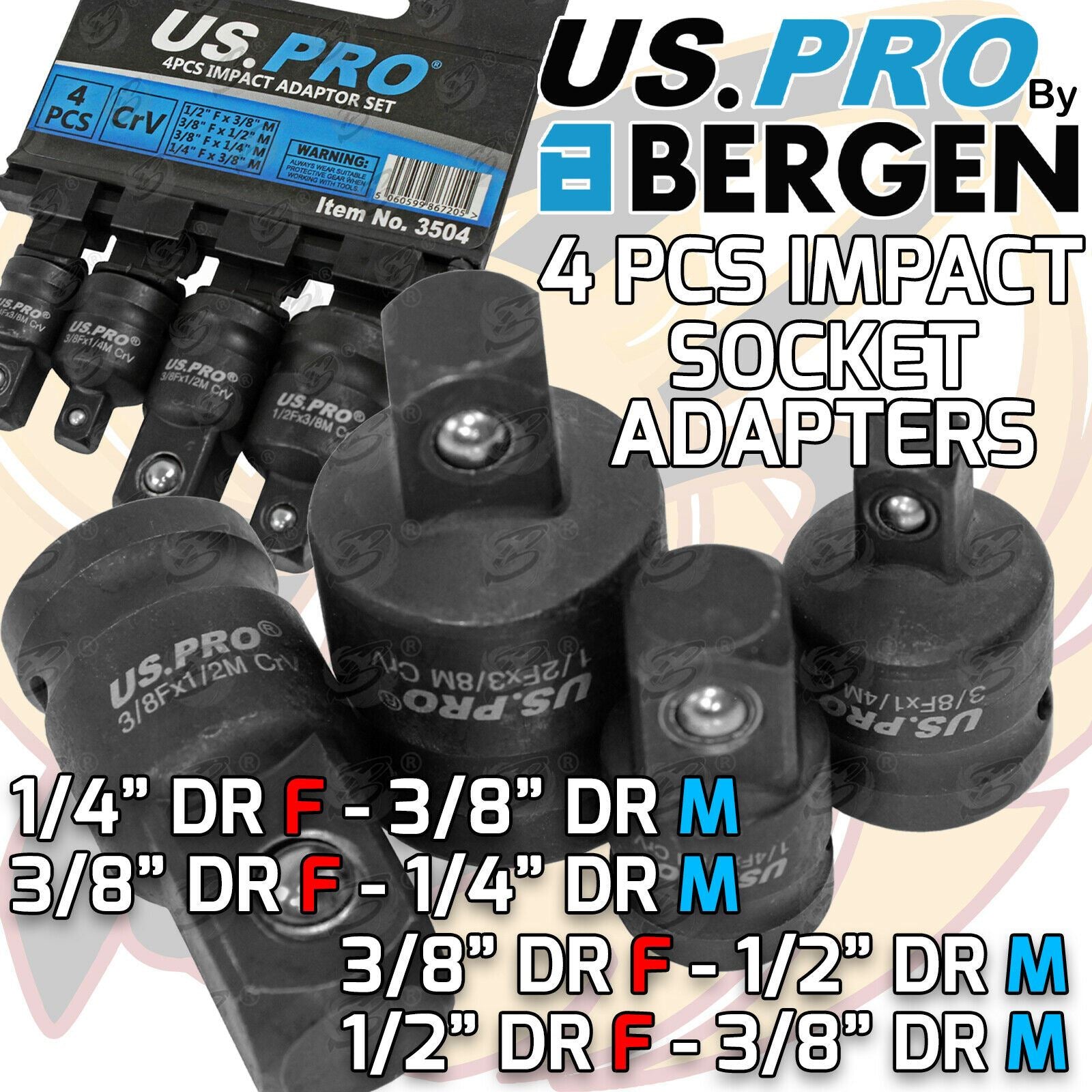 US PRO 4PCS IMPACT SOCKET ADAPTERS ( 1/4" - 1/2" )