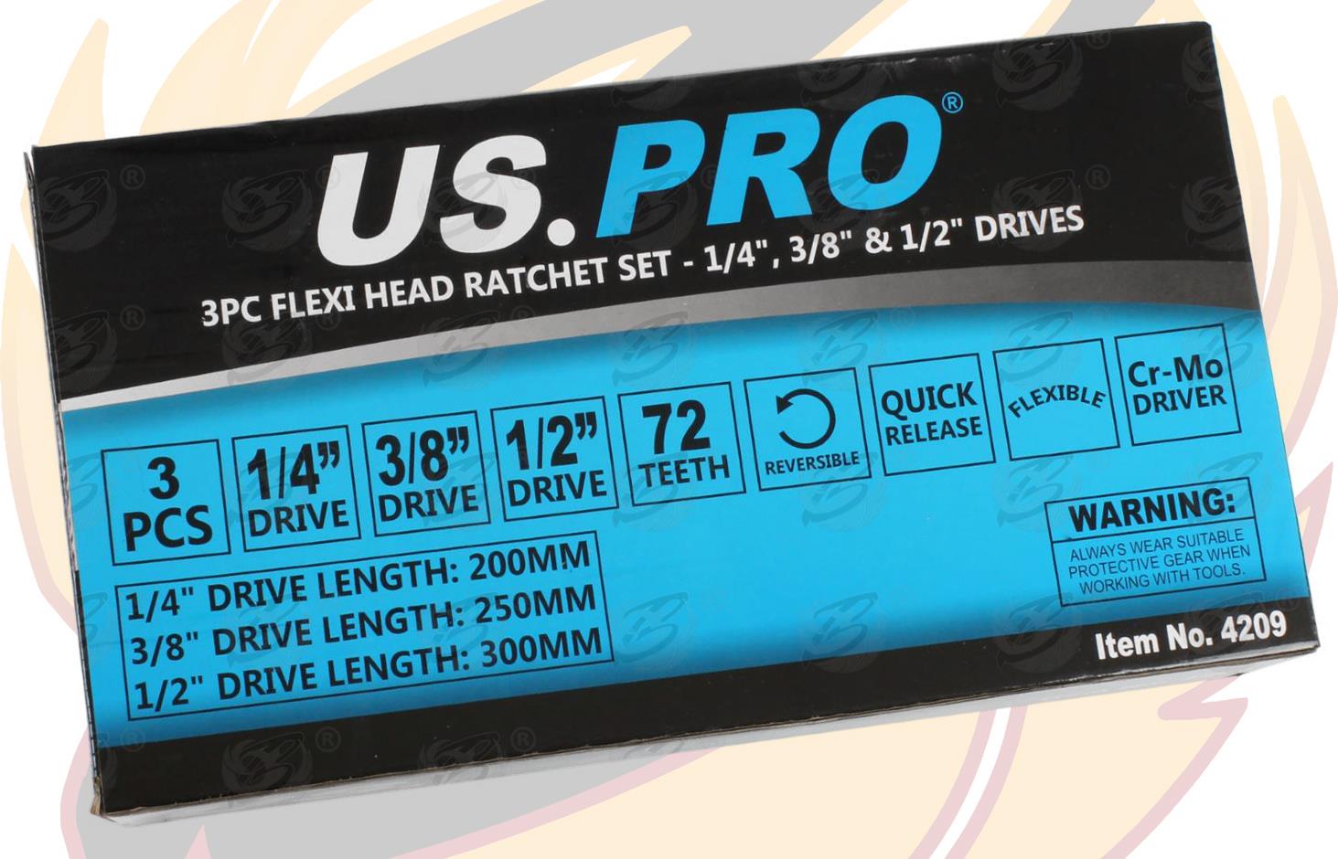 US PRO 3PCS 1/4" & 3/8" & 1/2" DRIVE 72 TOOTH FLEXI RATCHET HANDLES