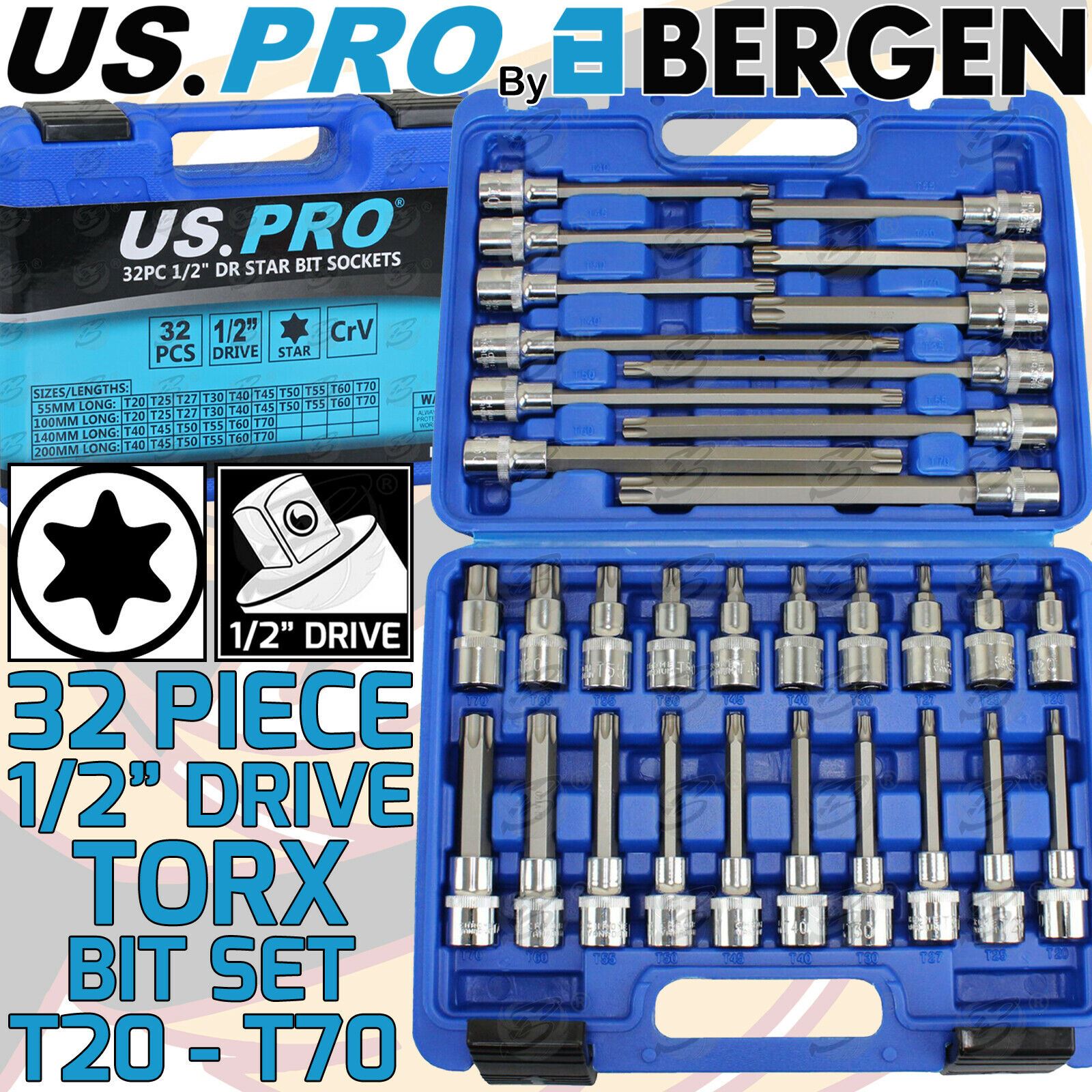 US PRO 32PCS 1/2" DRIVE TORX BIT SOCKETS T20 - T70