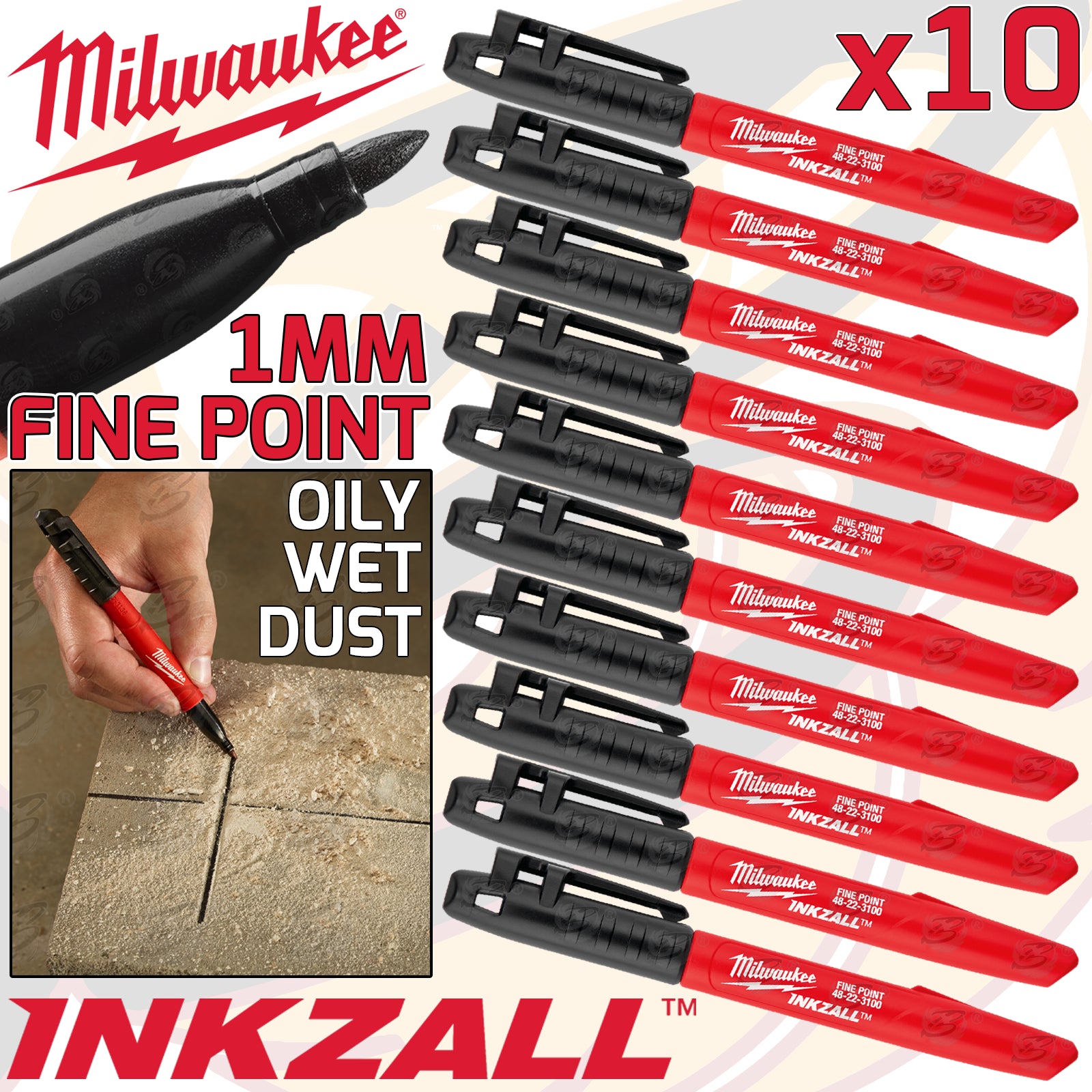 MILWAUKEE INKZALL 1mm ALL SURFACE MARKER PEN ( x10 )