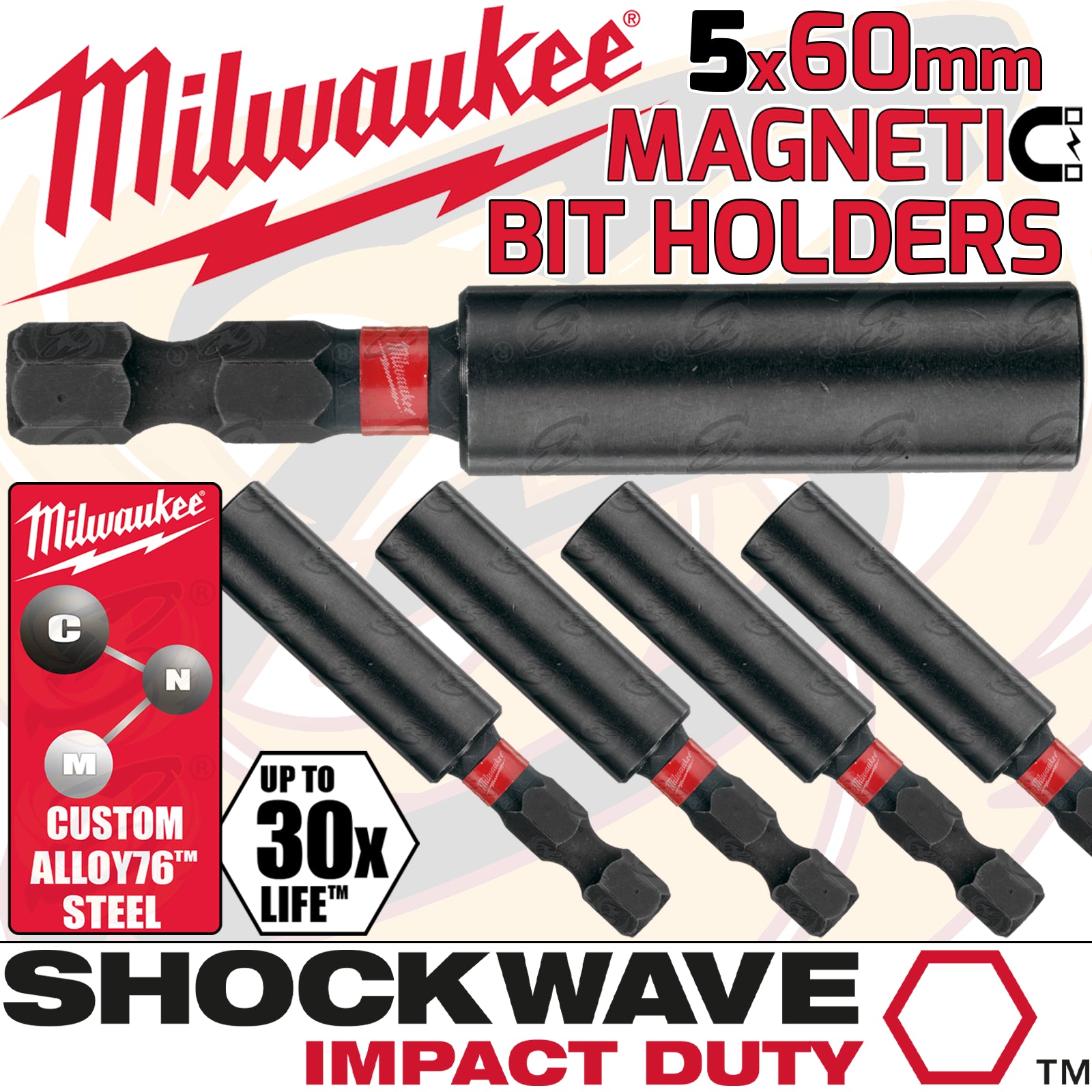 MILWAUKEE 60MM MAGNETIC BIT HOLDER SHOCKWAVE IMPACT DUTY X 5