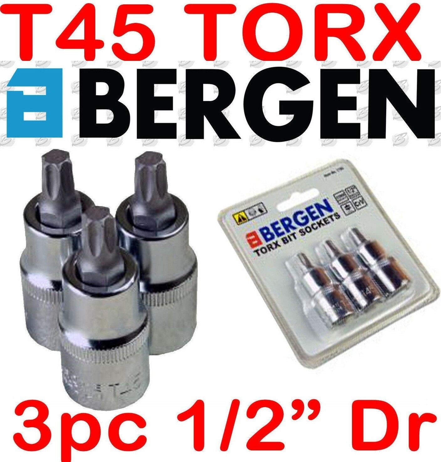BERGEN 3PCS 1/2" DRIVE T45 TORX BIT SOCKETS
