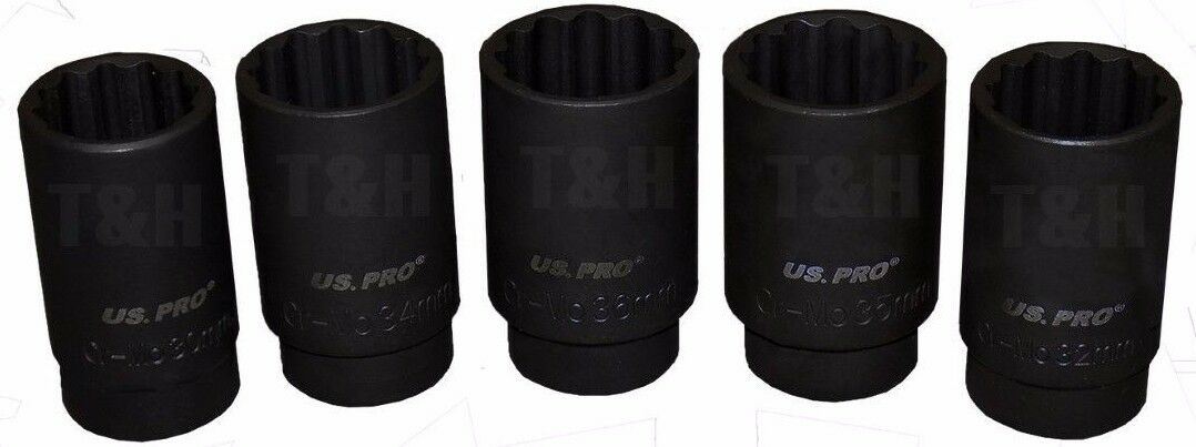 US PRO 5PCS 1/2" DRIVE 12 POINT DEEP IMPACT SOCKETS 30MM - 36MM