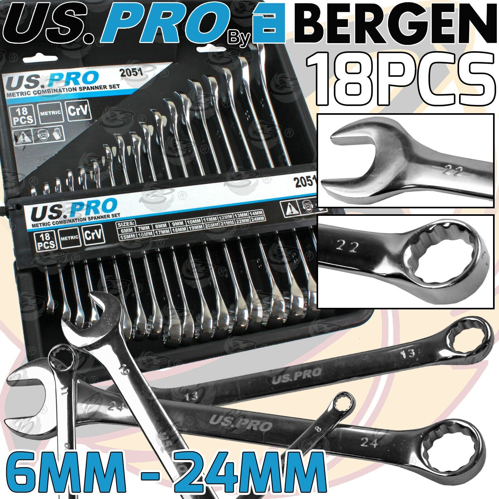 US PRO 18PCS COMBINATION SPANNERS 6MM - 24MM