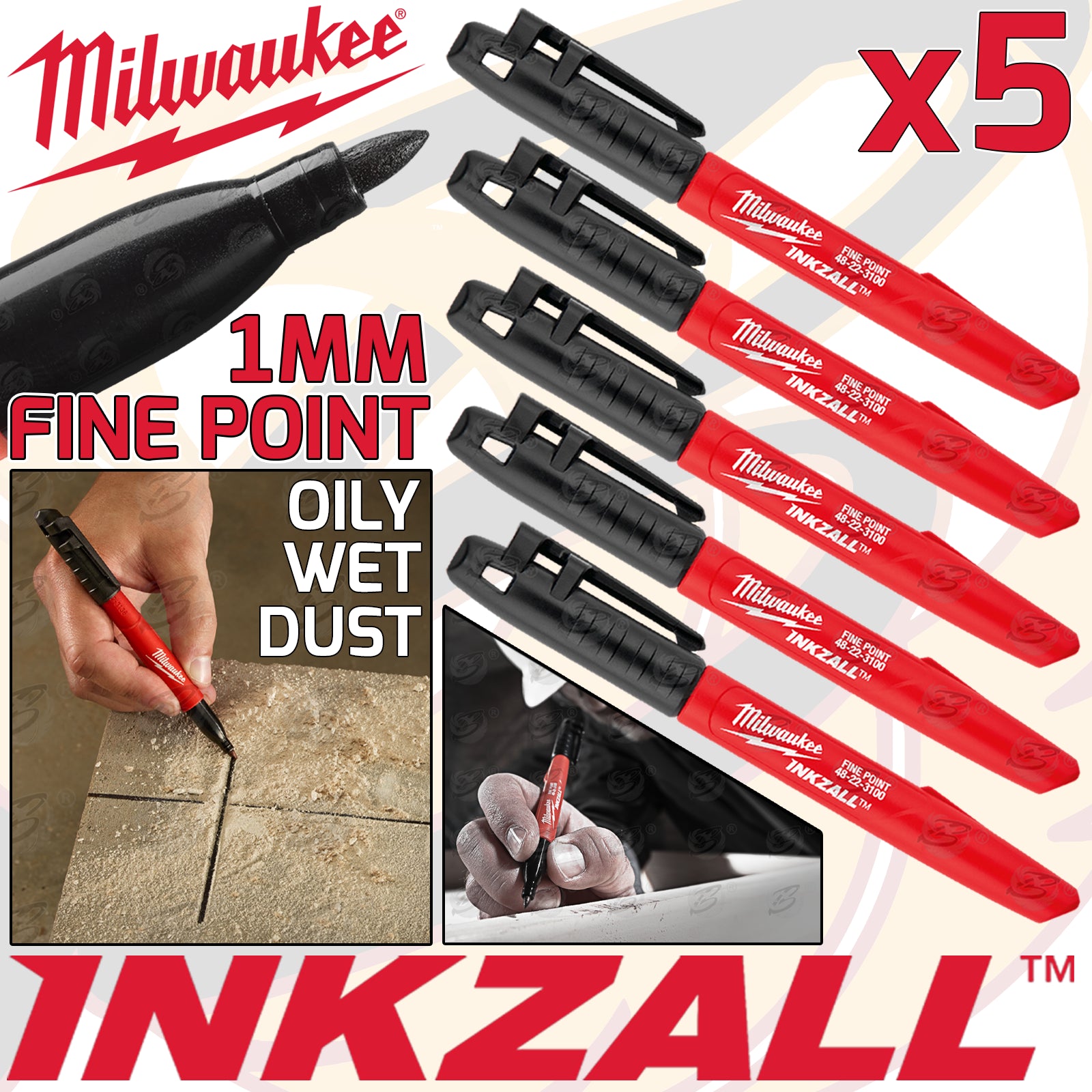 MILWAUKEE INKZALL 1mm ALL SURFACE MARKER PEN ( x5 )