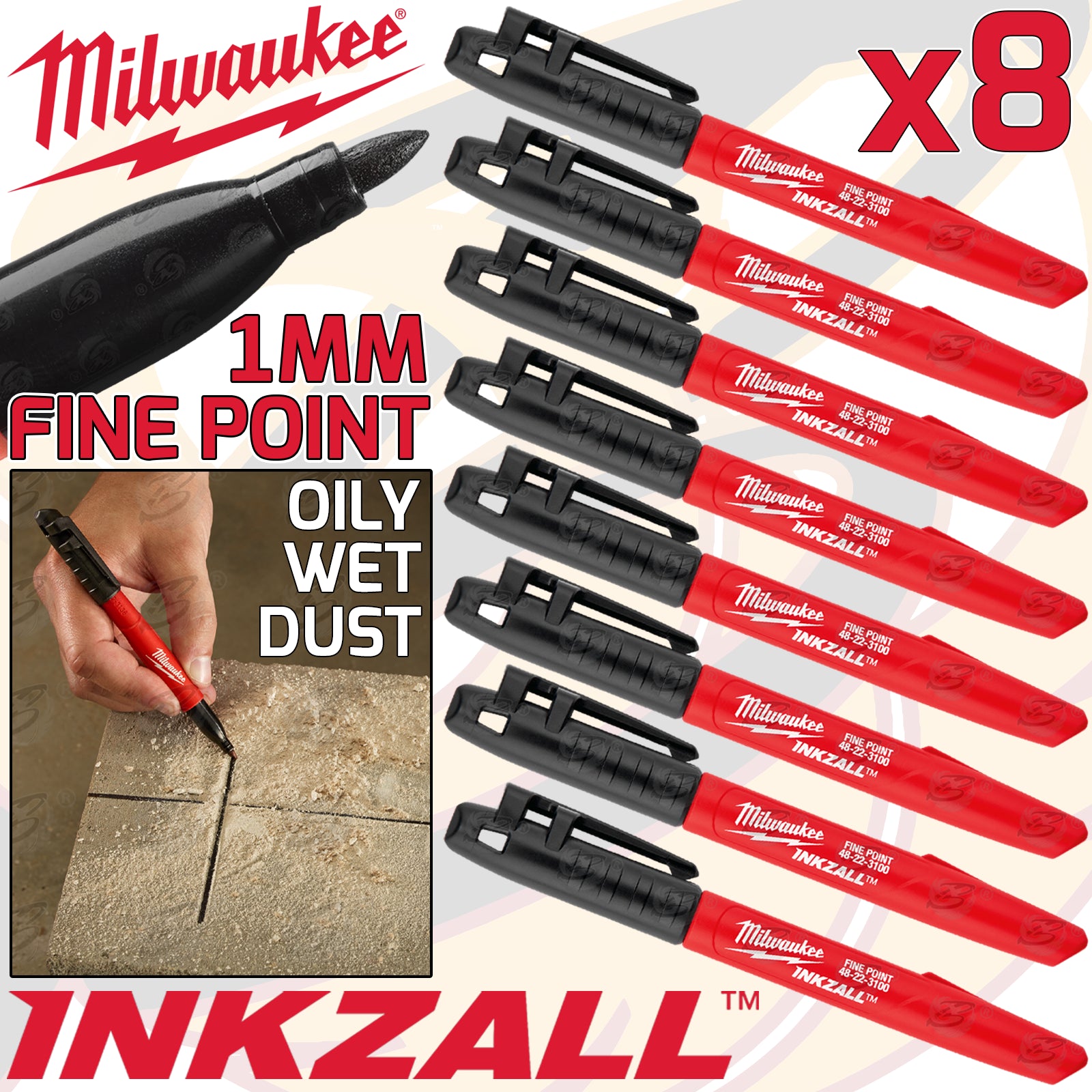 MILWAUKEE INKZALL 1mm ALL SURFACE MARKER PEN ( x8 )