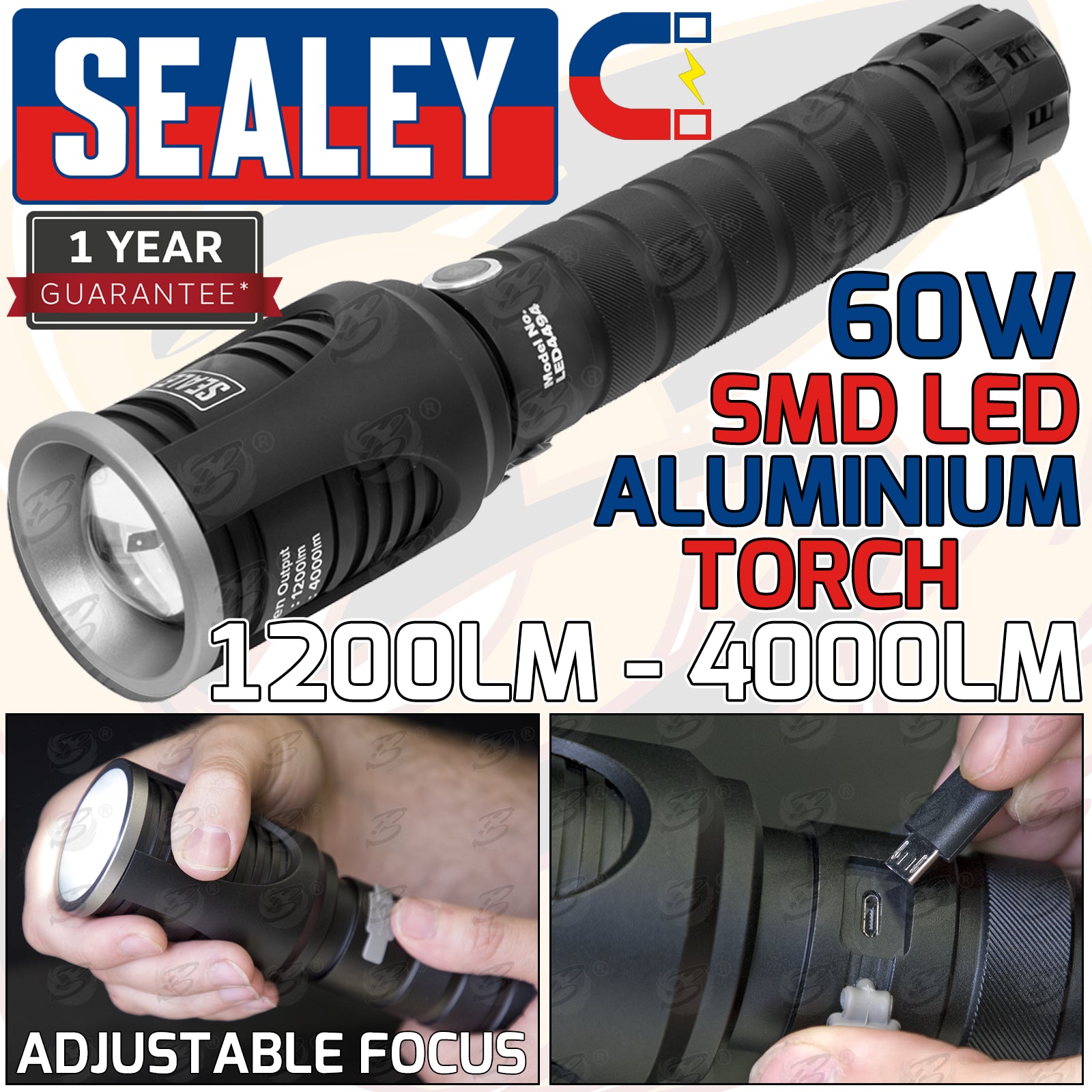 SEALEY RECHARGEABLE LI - ION SMD LED TORCH 60W 1200LM - 4000LM