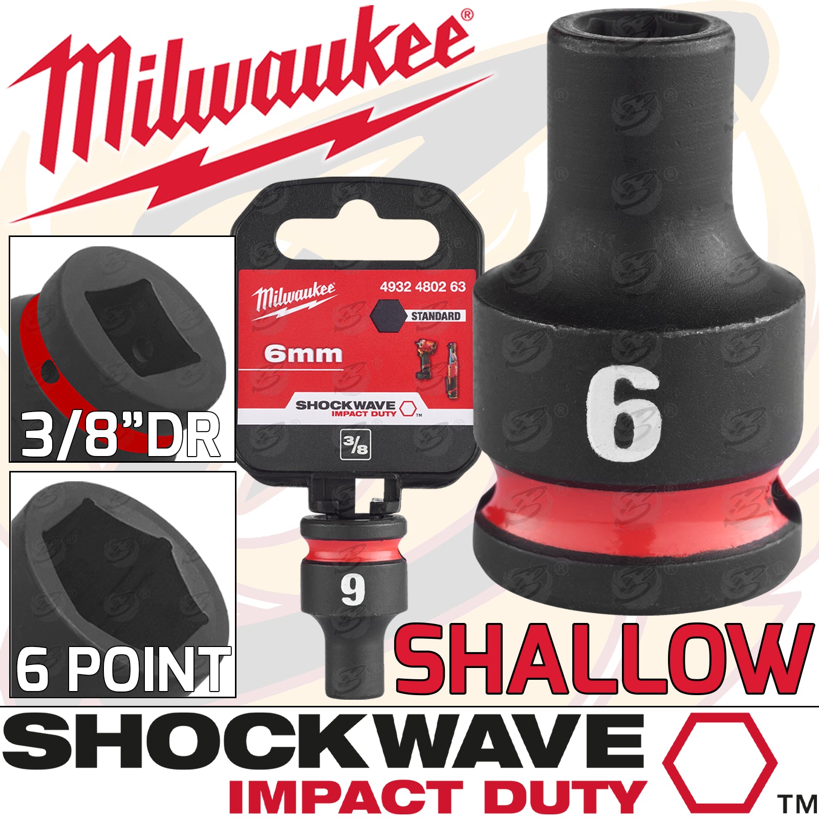 MILWAUKEE 6MM 3/8" DRIVE 6 POINT SHALLOW IMPACT SOCKET ( SINGLE )