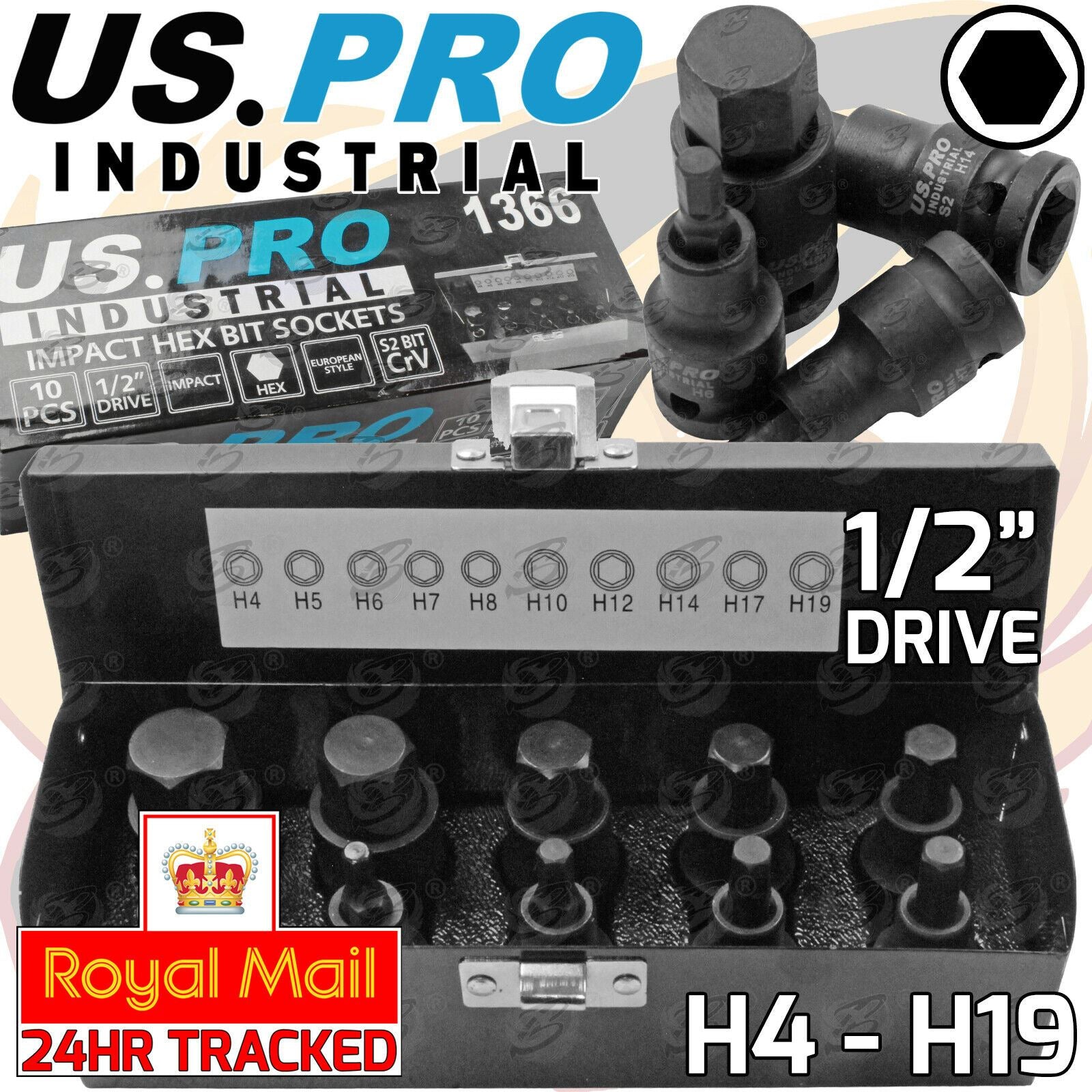 US PRO INDUSTRIAL 10PCS 1/2" DRIVE IMPACT HEX BIT SOCKETS H4 - H19