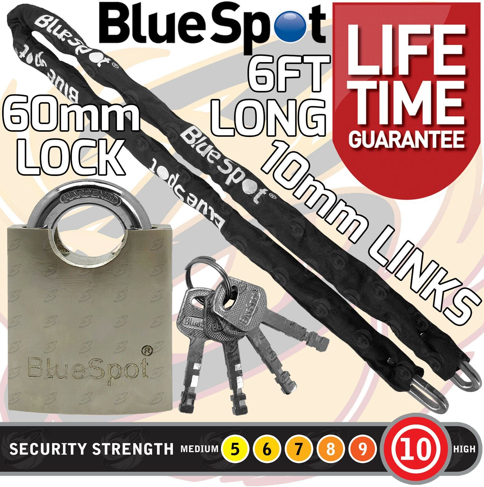 BLUESPOT 6FT LONG 10MM LINKS SECURITY CHAIN WITH 60MM HIGH SECURITY PADLOCK