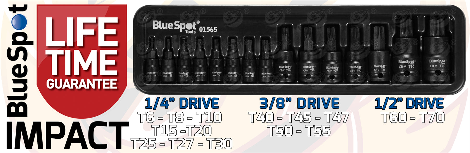 BLUESPOT 15PCS 1/4" & 3/8" & 1/2" DRIVE IMPACT TORX BIT SOCKETS T6 - T70