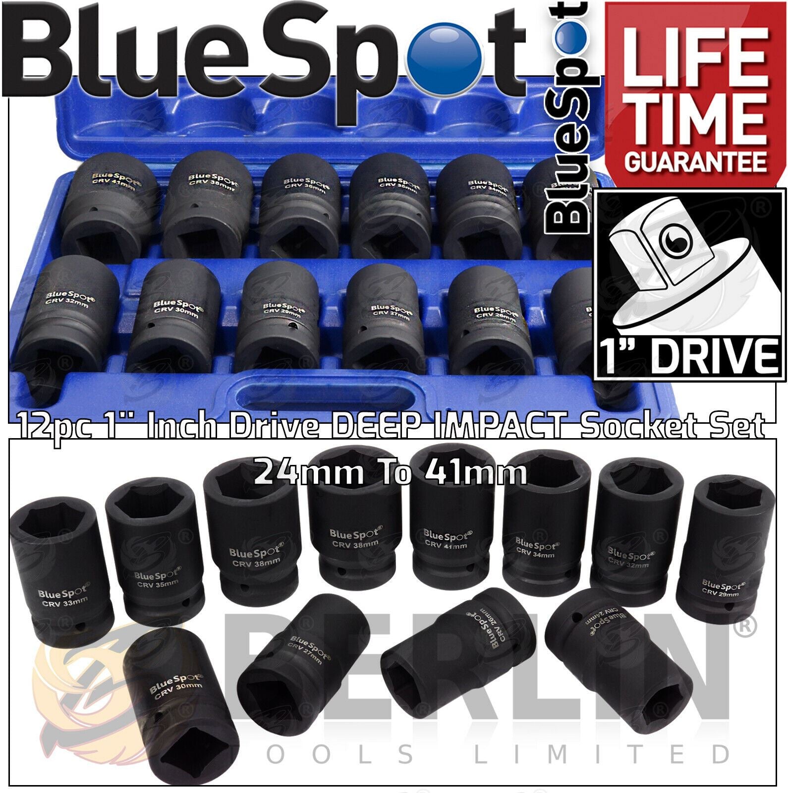 BLUESPOT 12PCS 1" DRIVE 6 POINT DEEP IMPACT SOCKETS 24MM - 41MM