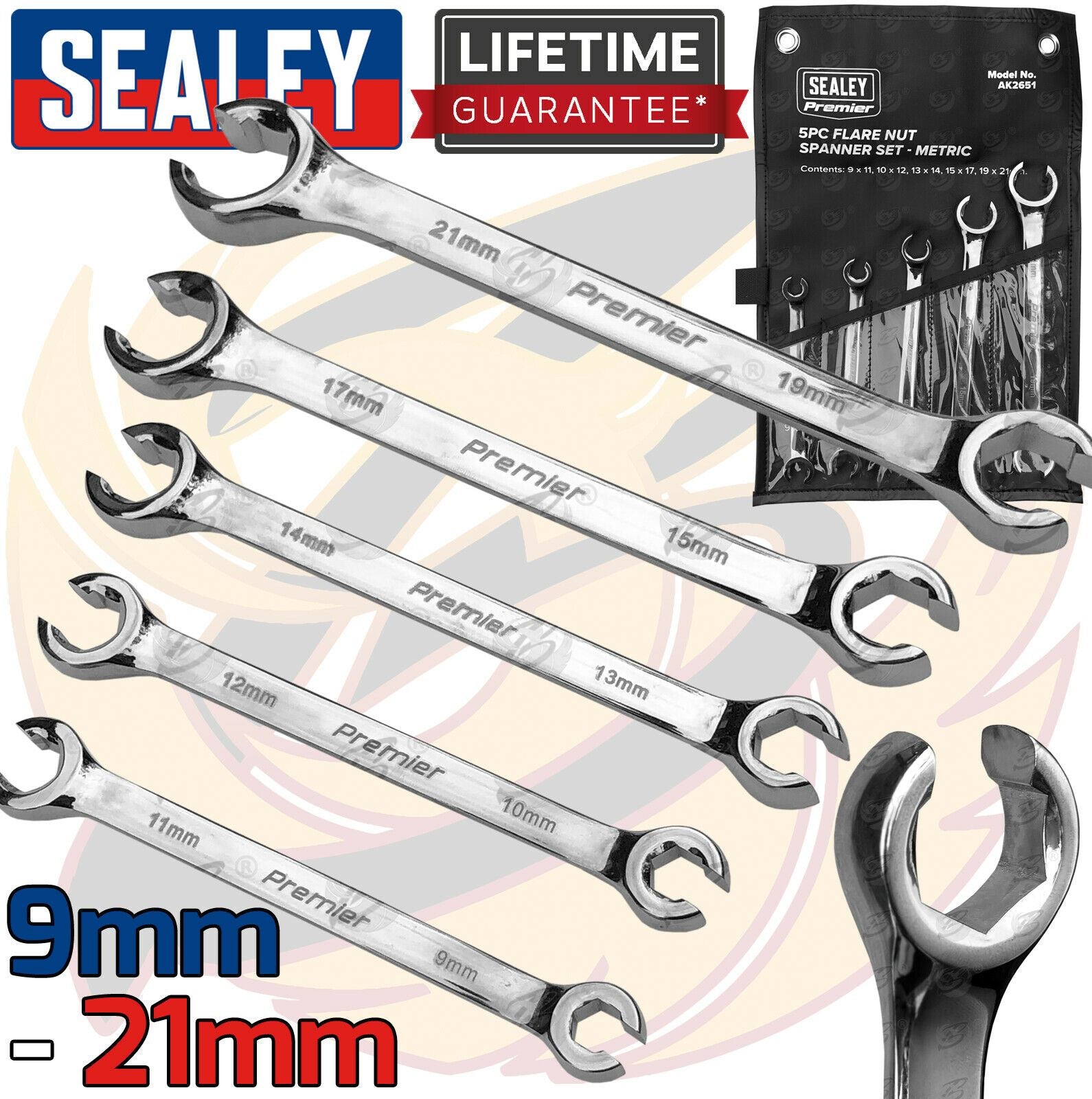 SEALEY 5PCS 6 POINT FLARE NUT SPANNERS 9MM - 21MM