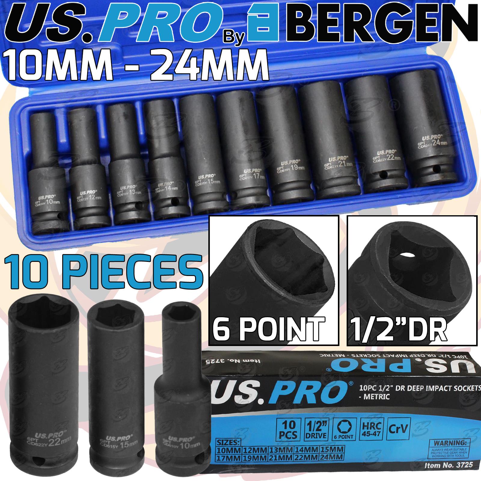 US PRO 10PCS 1/2" DRIVE 6 POINT DEEP IMPACT SOCKETS 10MM - 24MM