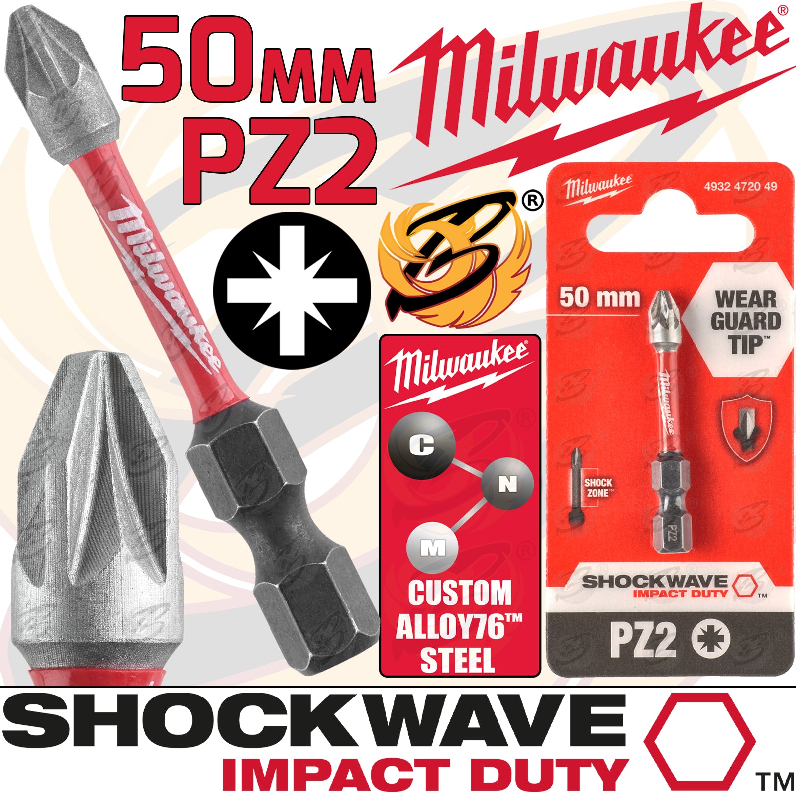 MILWAUKEE PZ2 x 50MM POZIDRIVE IMPACT DRILL / DRIVER BIT ( SHOCKWAVE IMPACT DUTY )