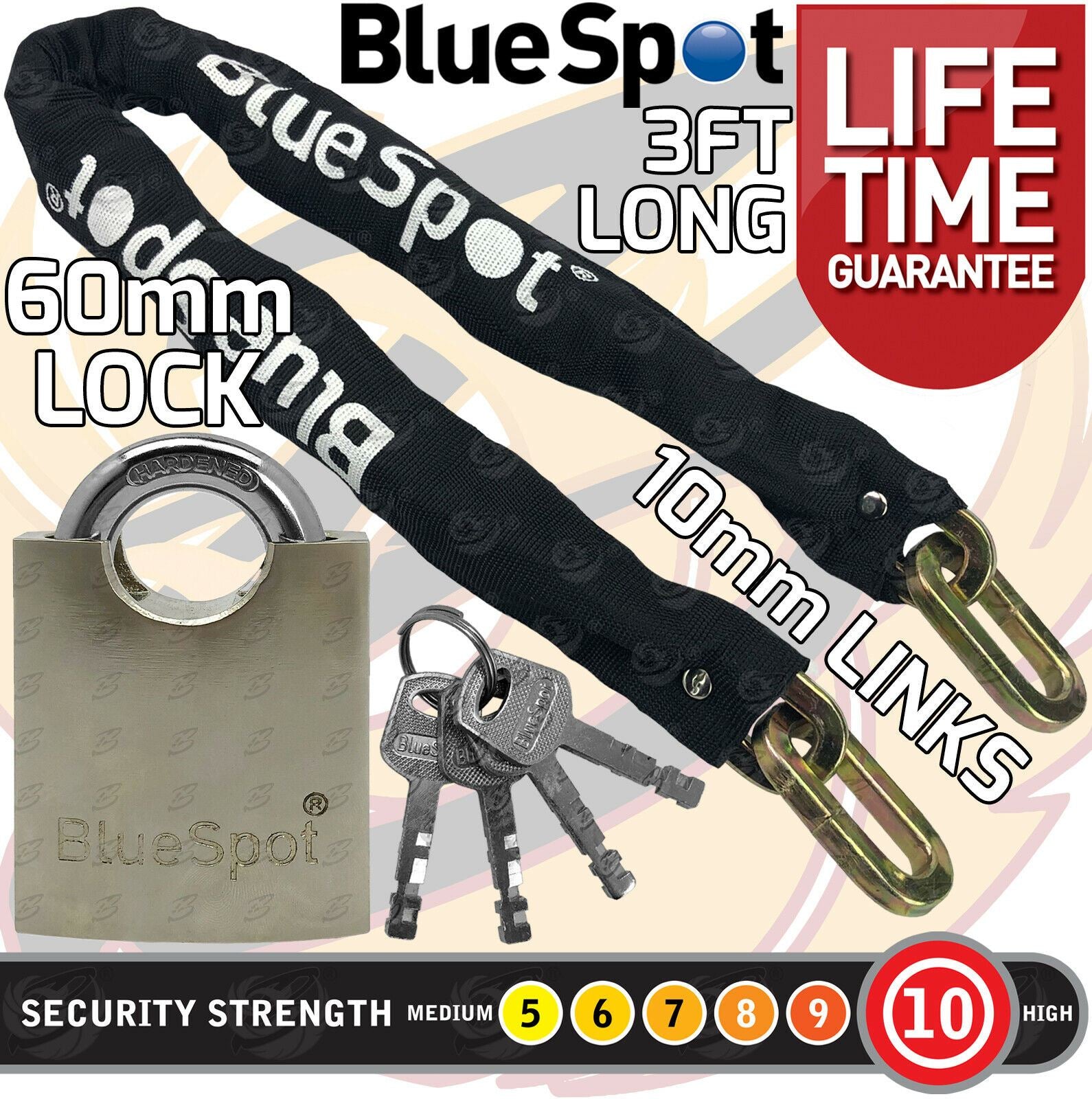 BLUESPOT 3FT LONG 10MM LINKS SECURITY CHAIN WITH 60MM HIGH SECURITY PADLOCK