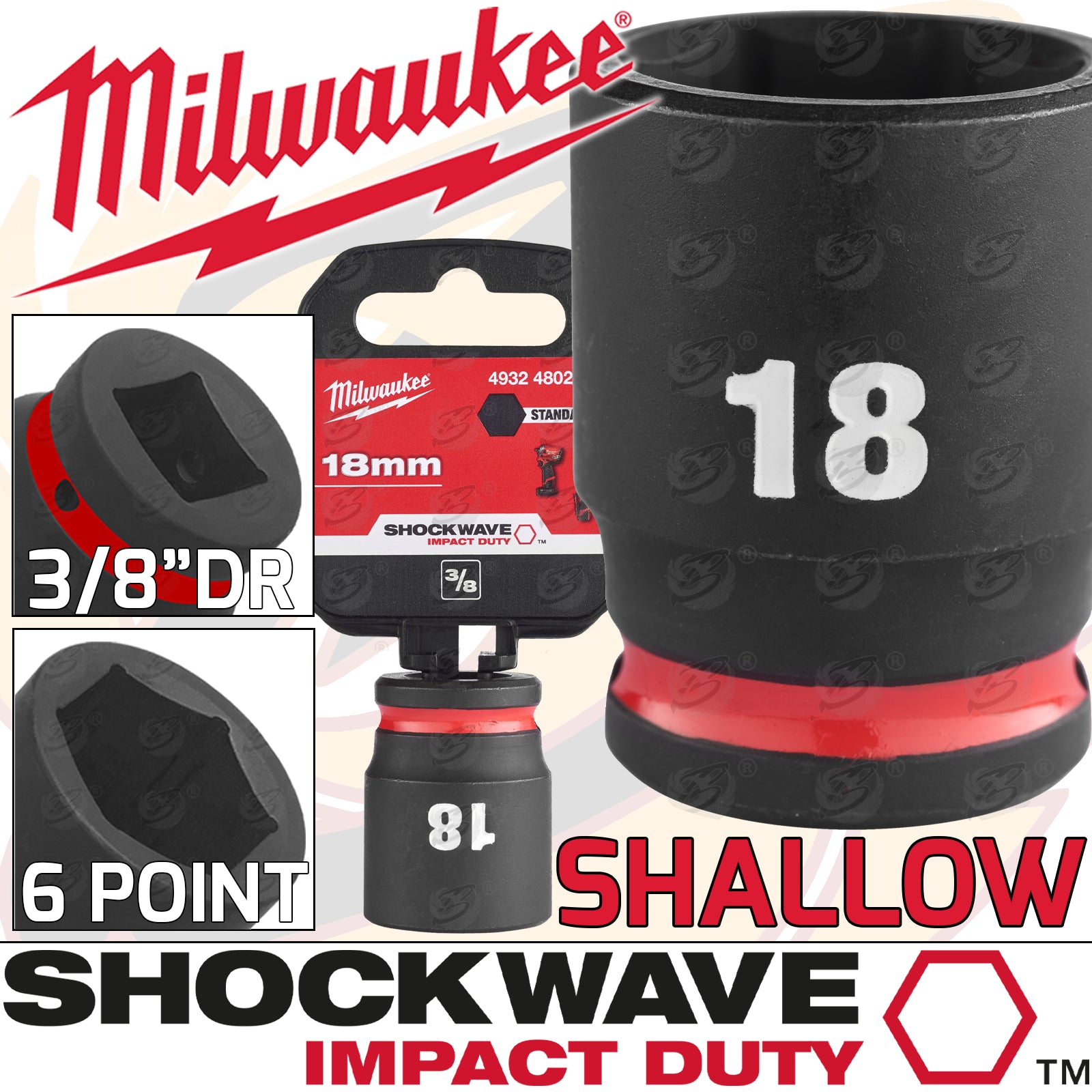 MILWAUKEE 18MM 3/8" DRIVE 6 POINT SHALLOW IMPACT SOCKET ( SINGLE )