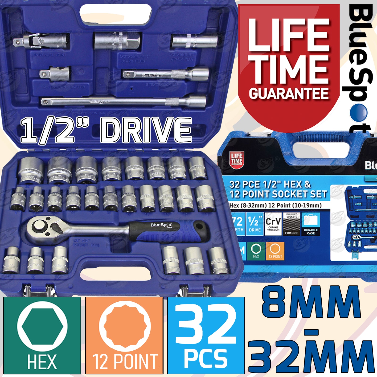 BLUESPOT 32PCS 1/2"DRIVE 6 POINT & 12 POINT SOCKET SET 8MM - 32MM