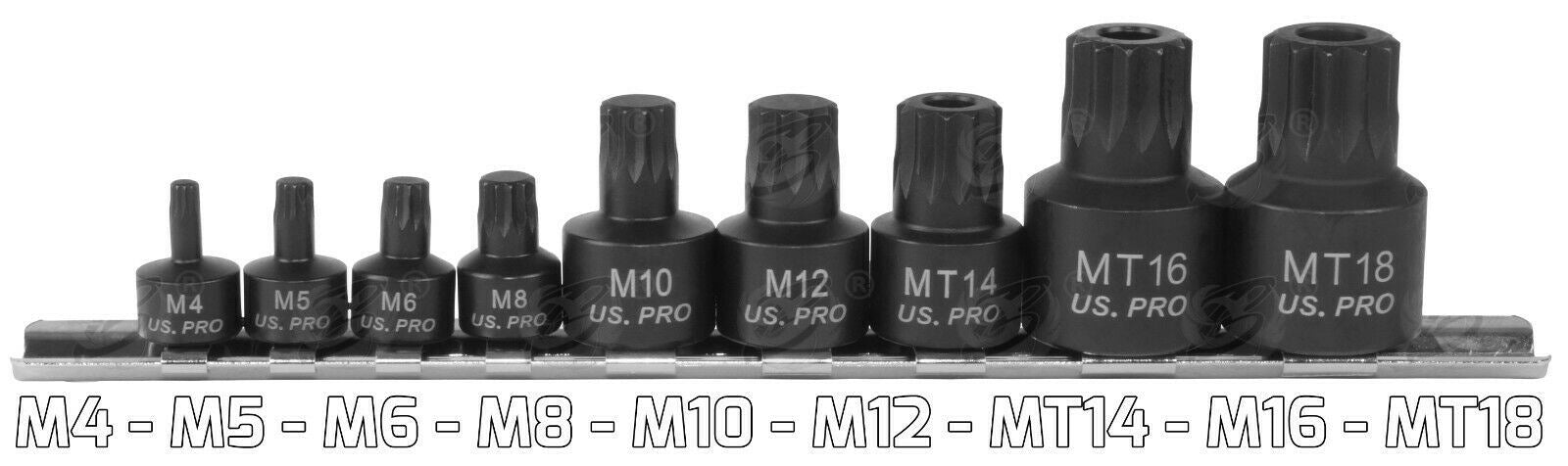 US PRO 9PCS 1/4" & 3/8" & 1/2" DRIVE STUBBY IMPACT SPLINE BIT SOCKETS M4 - M18
