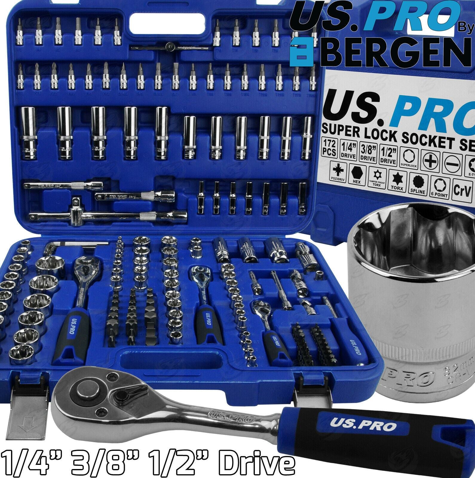 US PRO 171PCS 1/4" & 3/8" & 1/2" DRIVE SOCKET & BIT SET 4MM - 32MM