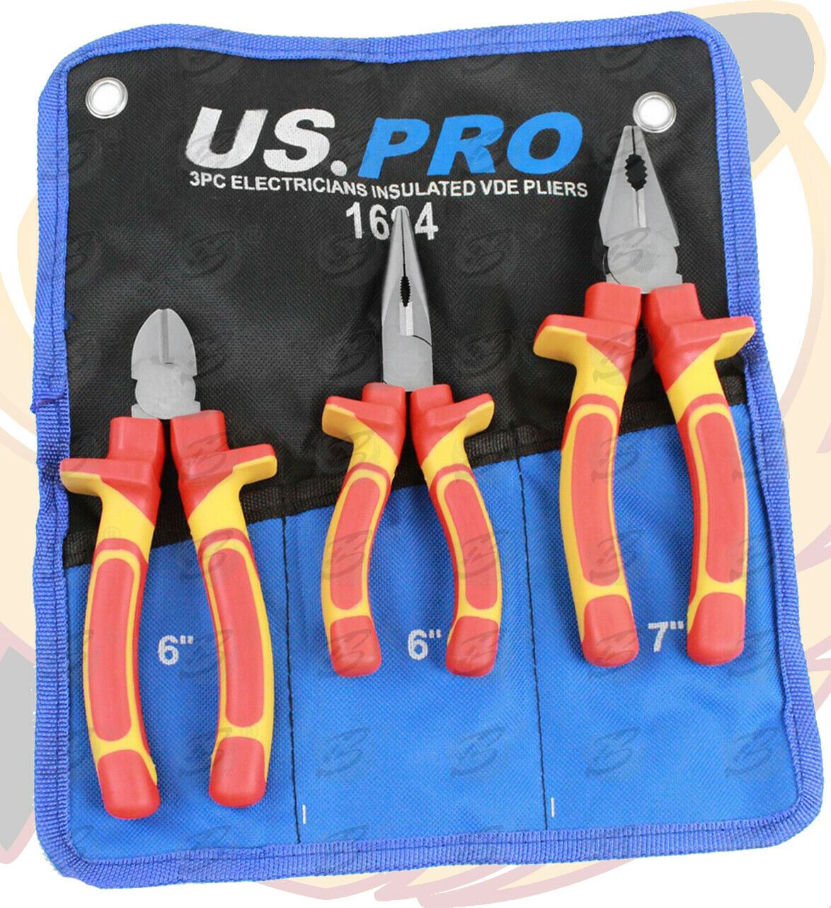 US PRO 3PCS VDE PLIER SET ( COMBI - CUTTERS - LONG NOSE )