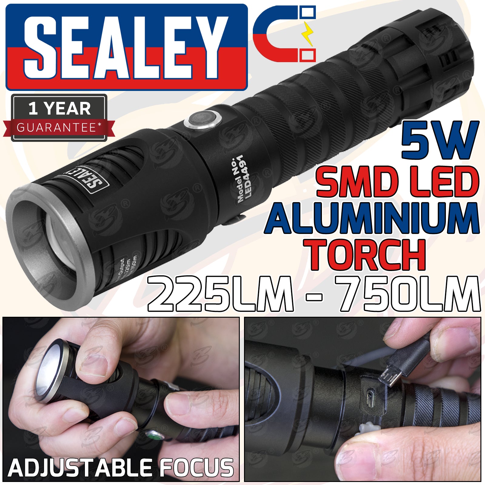 SEALEY RECHARGEABLE LI - ION SMD LED TORCH 5W 225LM - 750LM