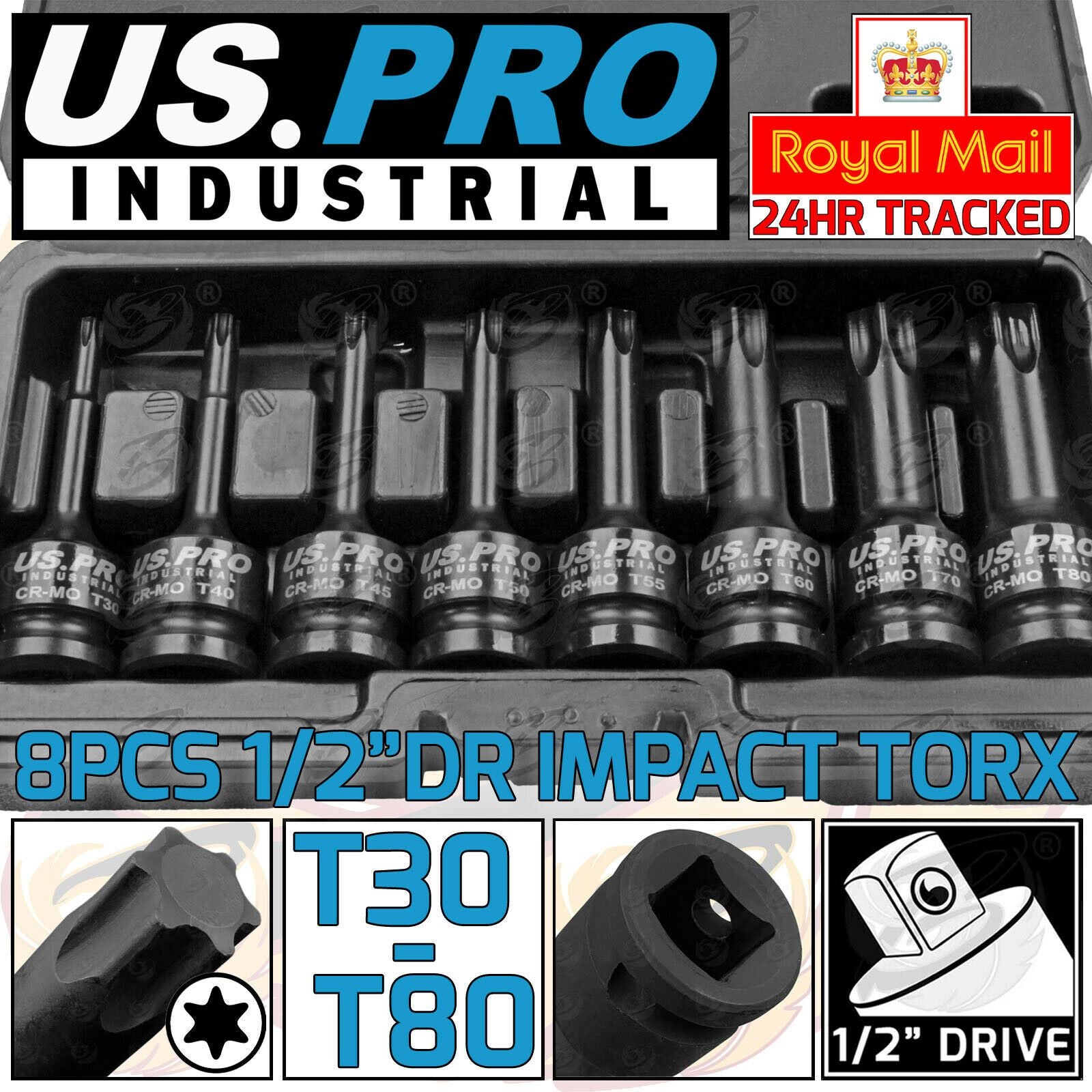 US PRO INDUSTRIAL 8PCS 1/2" DRIVE IMPACT TORX BIT SOCKETS T30 - T80