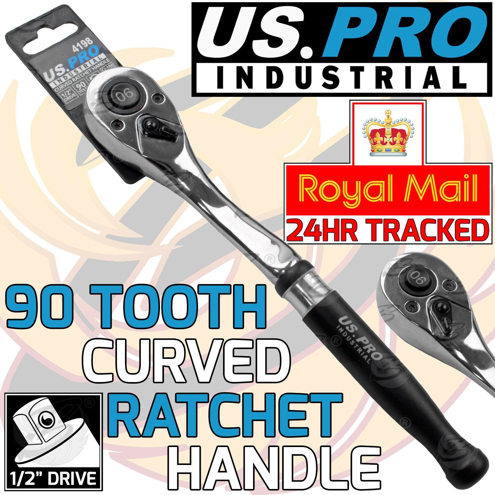 US PRO INDUSTRIAL 1/2" DRIVE 90 TOOTH CURVED RATCHET HANDLE