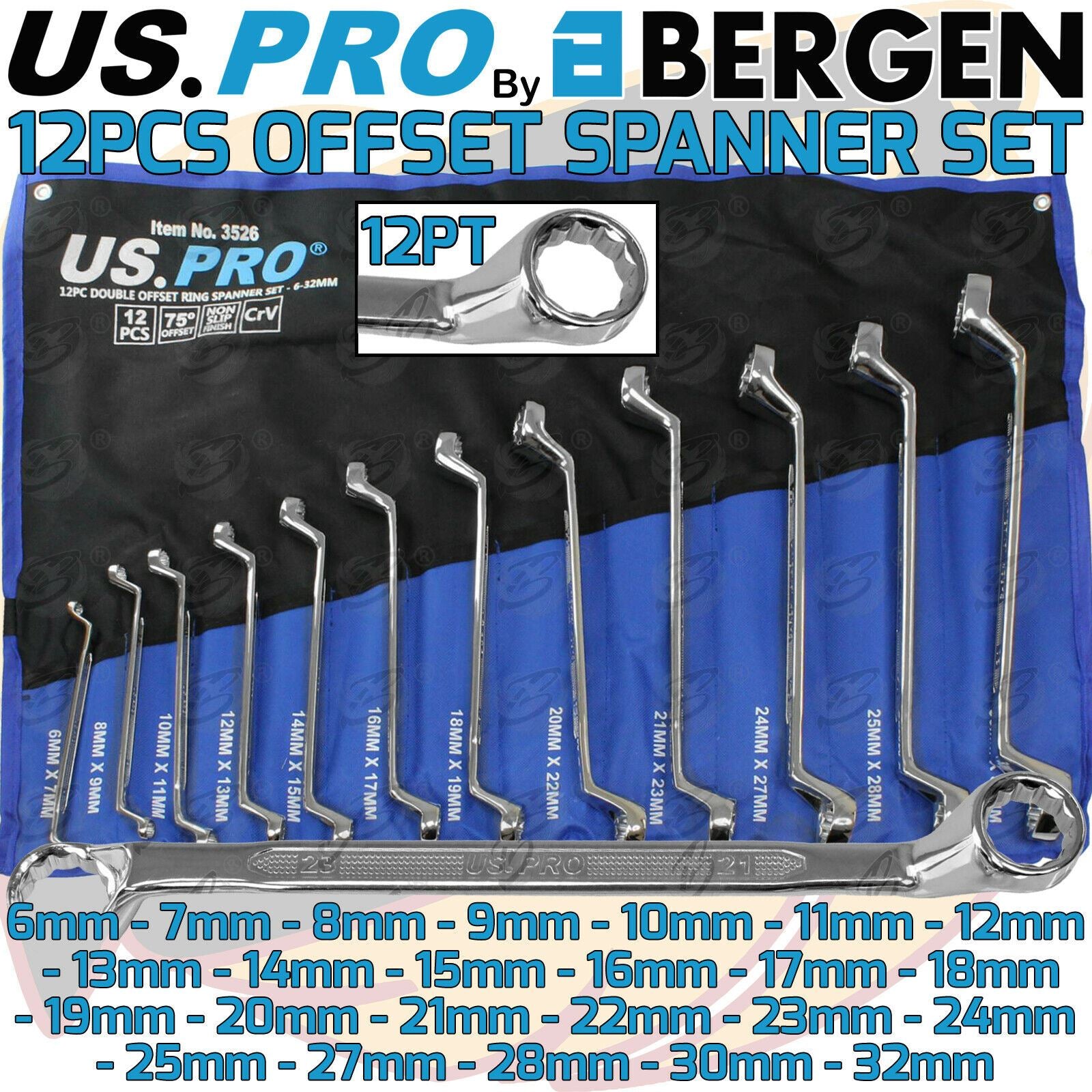 US PRO 12PCS OFFSET DOUBLE RING 12 POINT SPANNER 6MM - 32MM