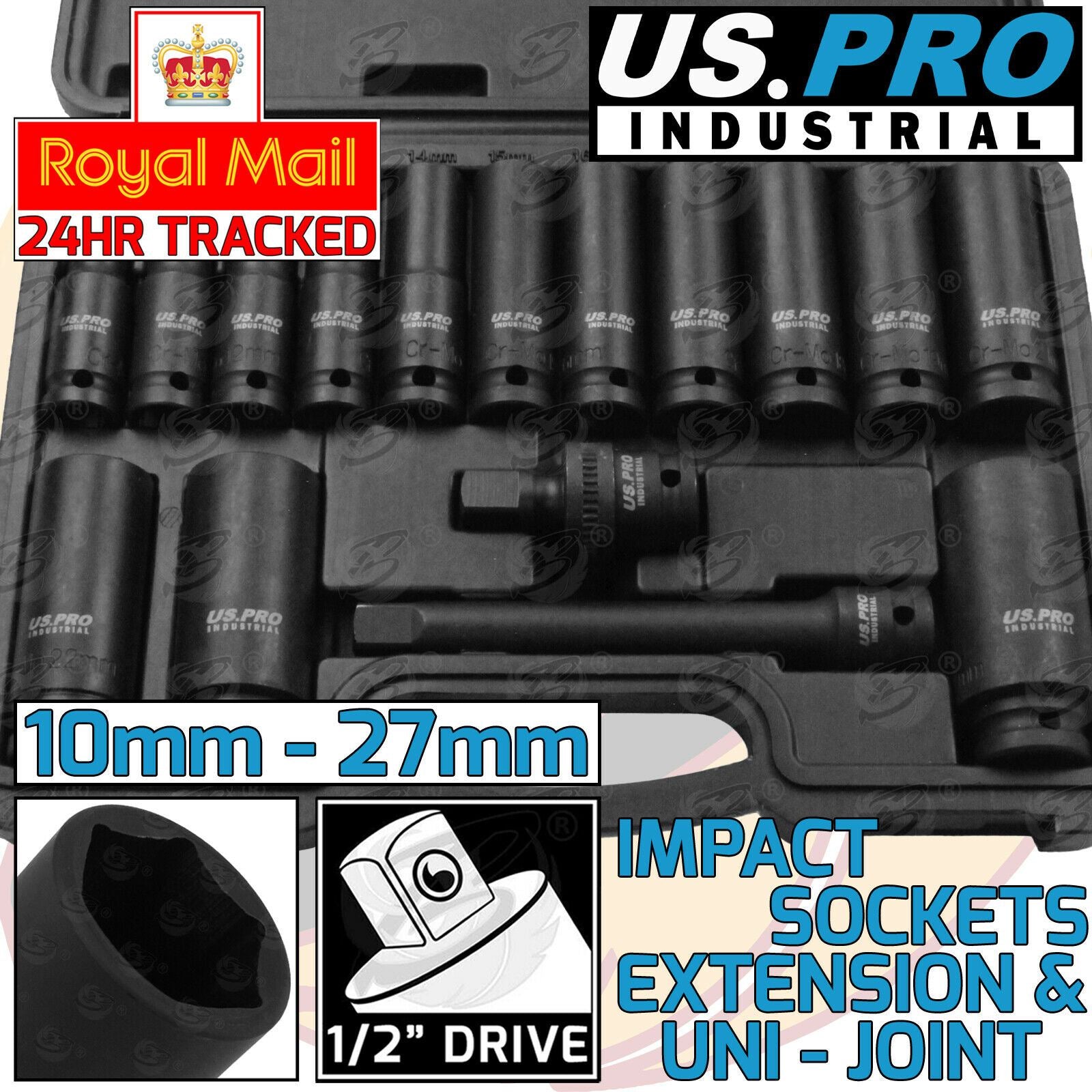 US PRO INDUSTRIAL 16PCS 1/2" DRIVE 6 POINT DEEP IMPACT SOCKETS & EXTENSIONS 10MM - 27MM