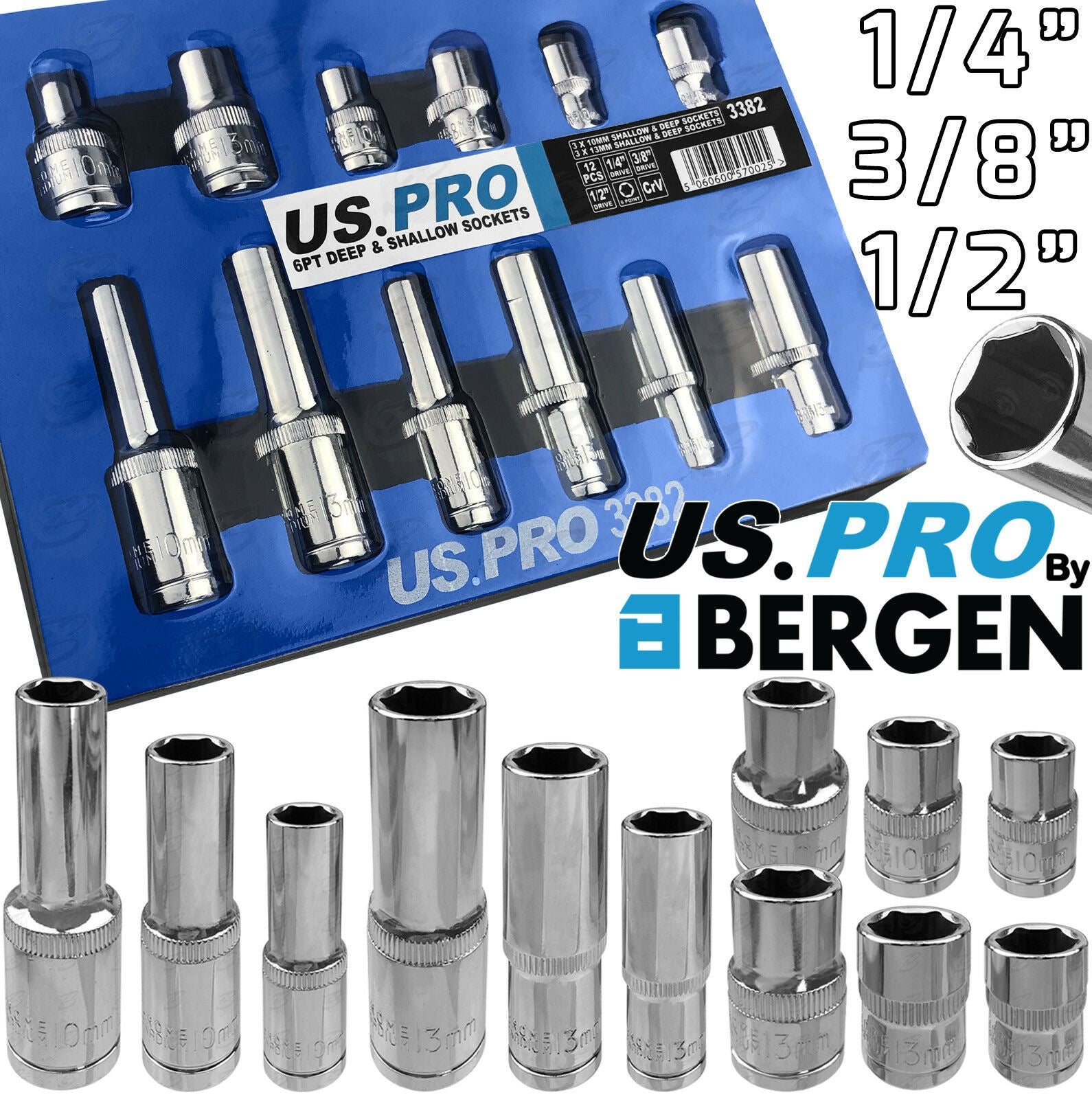 US PRO 12PCS 1/4" & 3/8" & 1/2" DRIVE 10MM & 13MM DEEP & SHALLOW 6 POINT SOCKETS