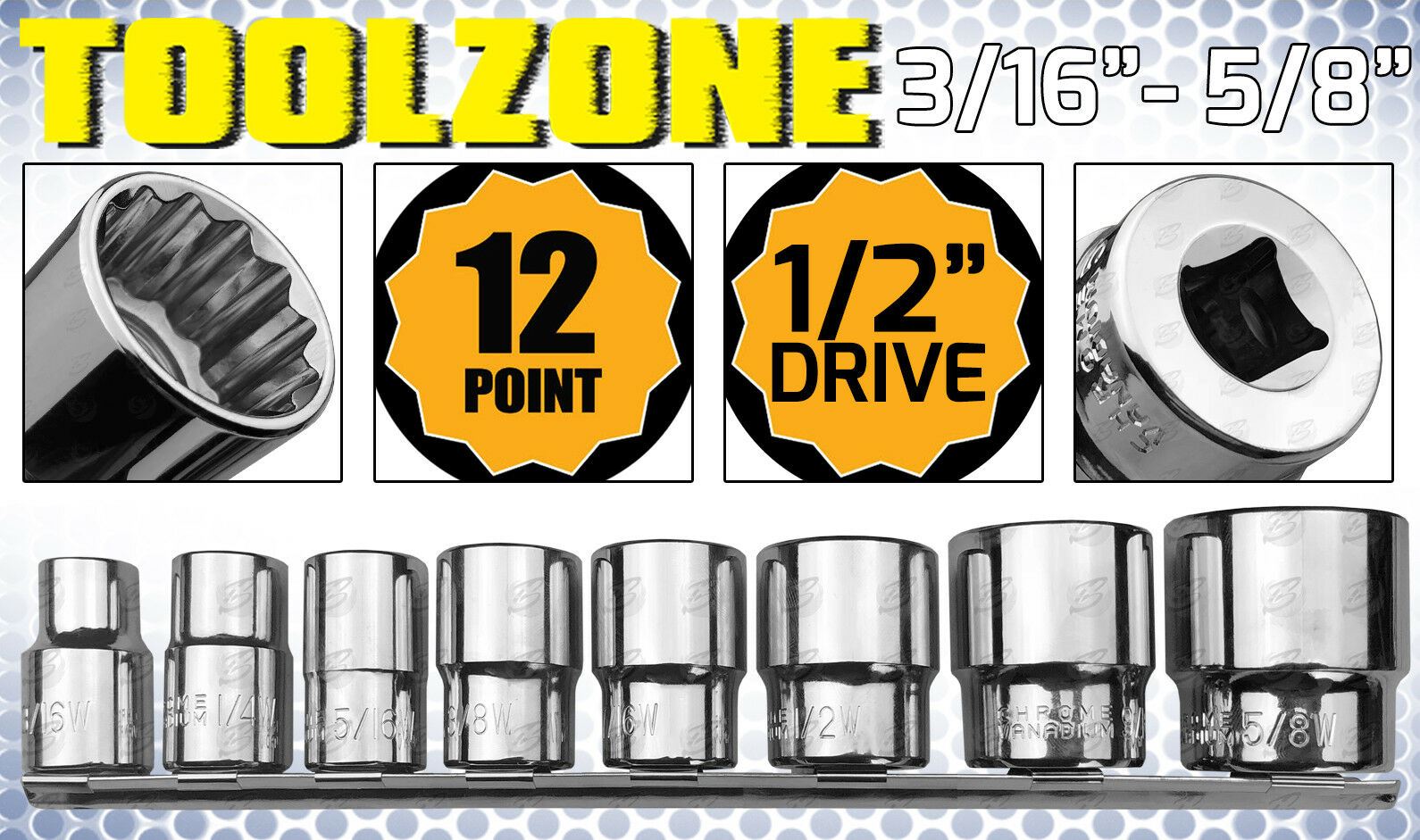 TOOLZONE 8PCS 1/2" DRIVE 12 POINT WHITWORTH SHALLOW SOCKETS