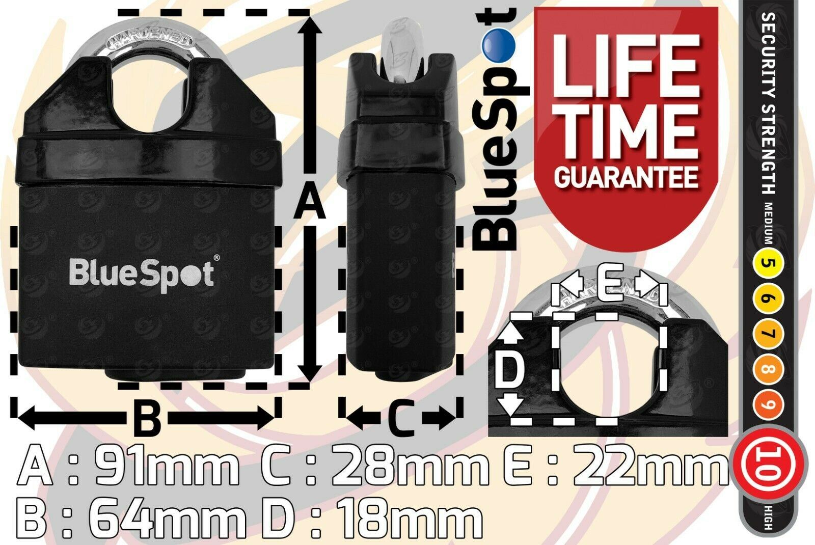 BLUESPOT 3FT LONG 10MM LINKS SECURITY CHAIN WITH 65MM HIGH SECURITY PADLOCK