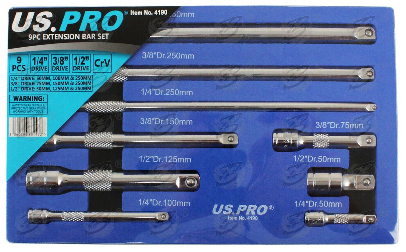 US PRO 9PCS 1/4" & 3/8" & 1/2" DRIVE EXTENSION BARS 50MM - 250MM