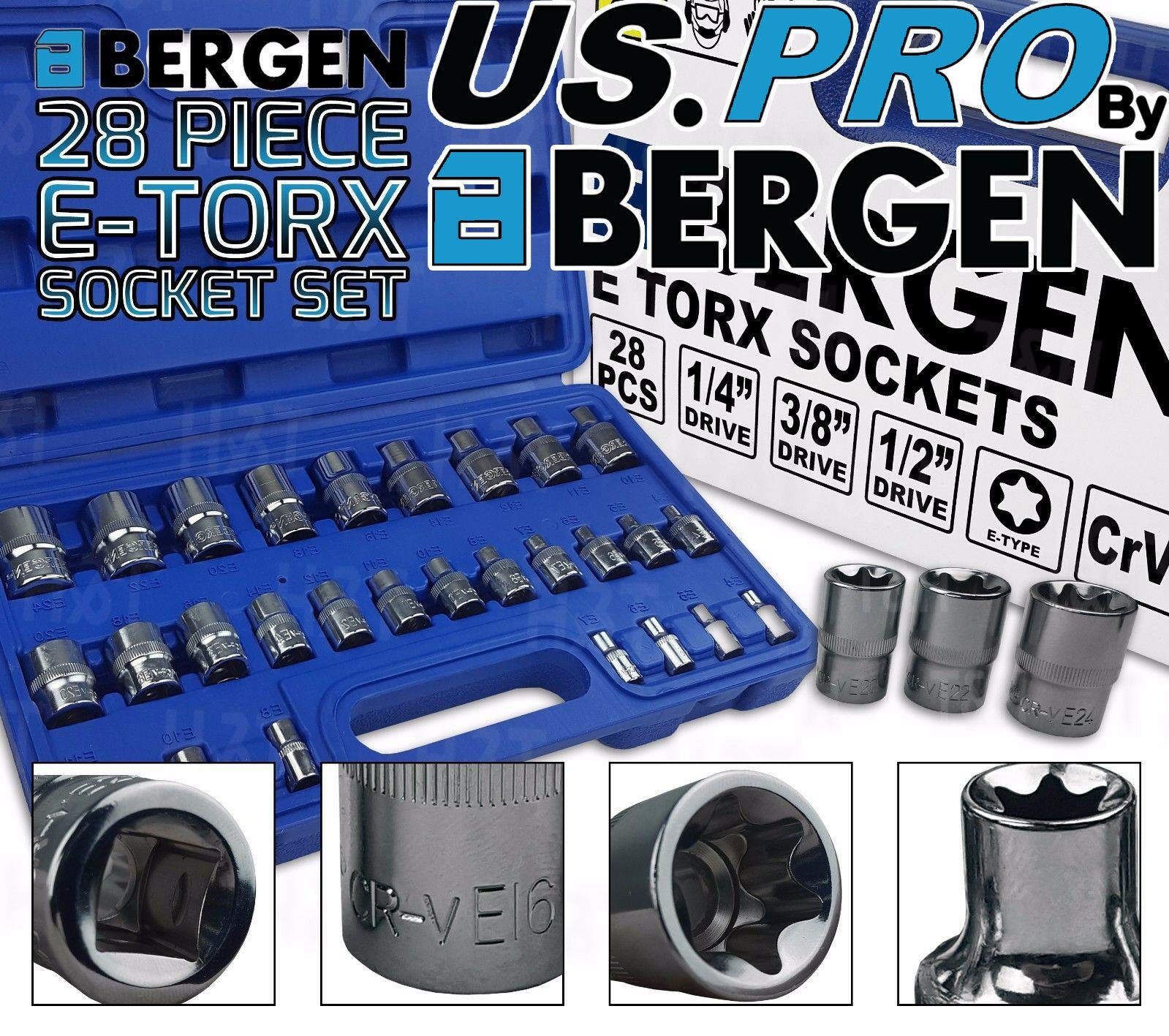 US PRO 28PCS 1/4" & 3/8" & 1/2" DRIVE E - TORX SOCKETS E4 - E24