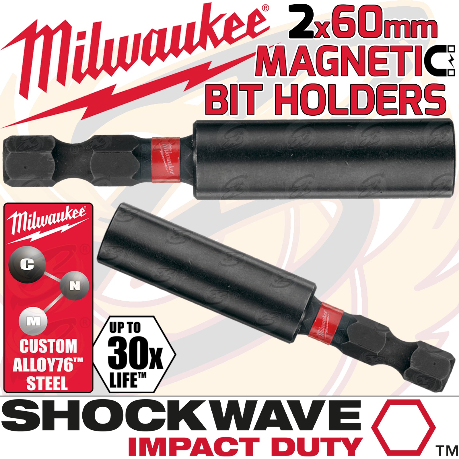 MILWAUKEE 60MM MAGNETIC BIT HOLDER ( SHOCKWAVE IMPACT DUTY ) ( X 2 )