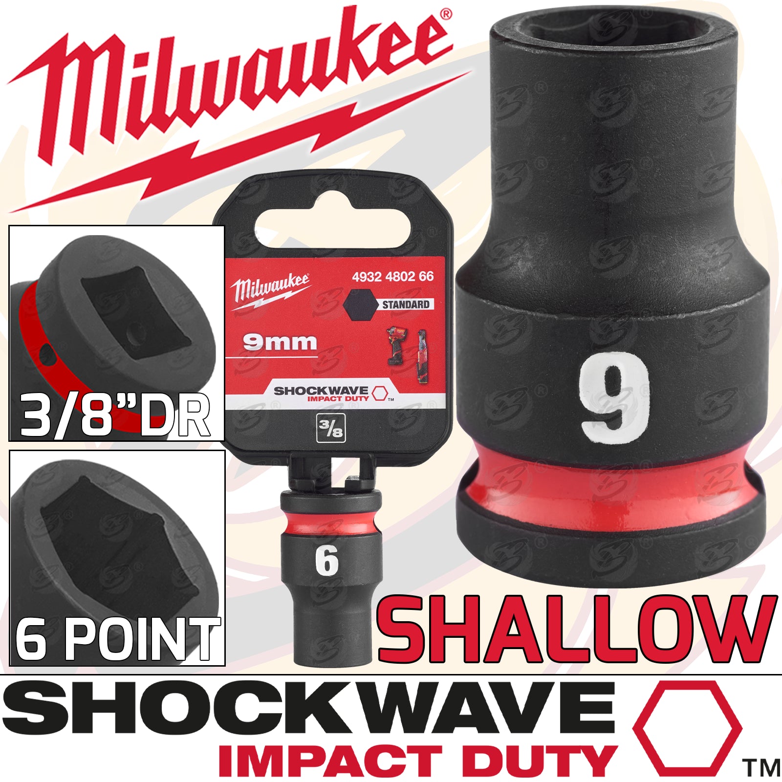 MILWAUKEE 9MM 3/8" DRIVE 6 POINT SHALLOW IMPACT SOCKET ( SINGLE )