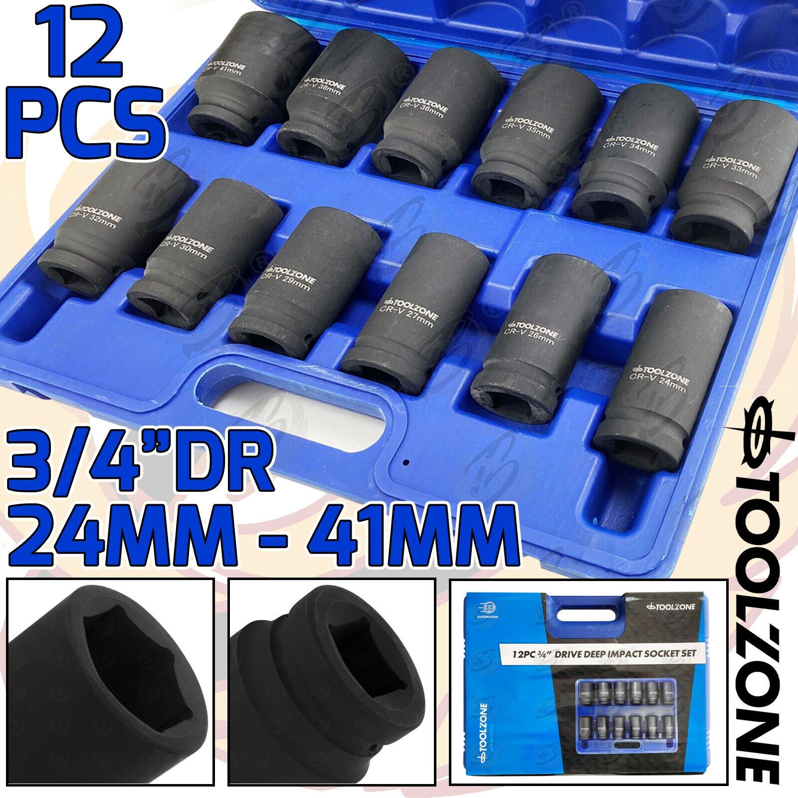 TOOLZONE 12PCS 3/4" DRIVE 6 POINT DEEP IMPACT SOCKETS 24MM - 41MM