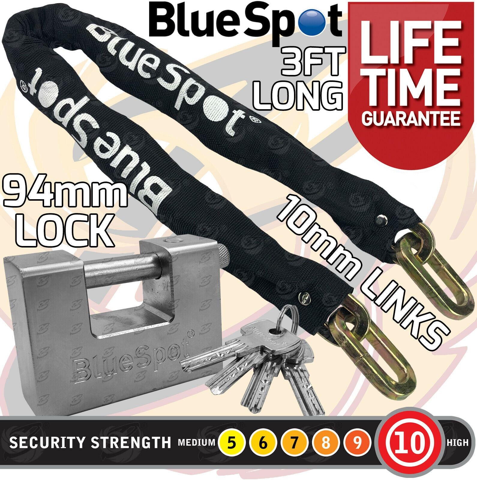 BLUESPOT 3FT LONG 10MM LINKS SECURITY CHAIN WITH 94MM HIGH SECURITY PADLOCK