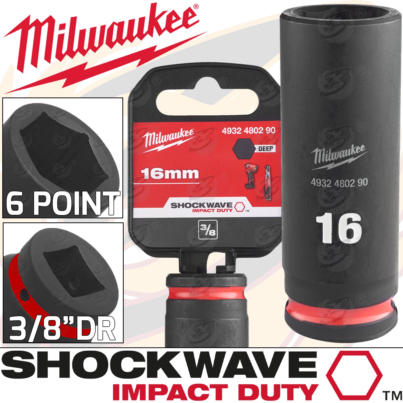 MILWAUKEE 16MM 3/8" DRIVE 6 POINT DEEP IMPACT SOCKET ( SINGLE )