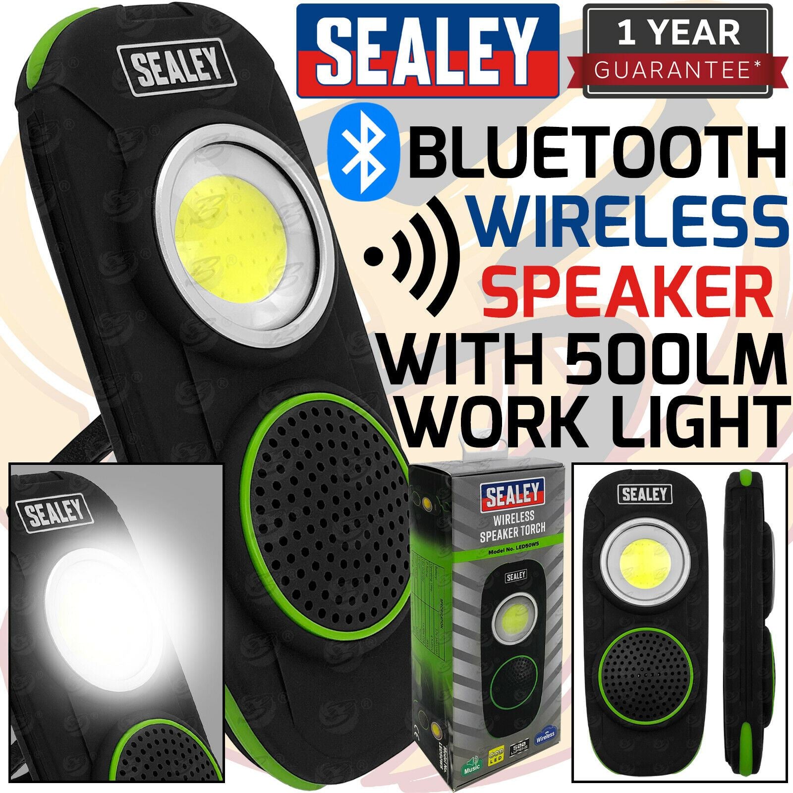 SEALEY COB LED Work Light Torch Li-Ion Rechargeable Wireless Bluetooth Speaker